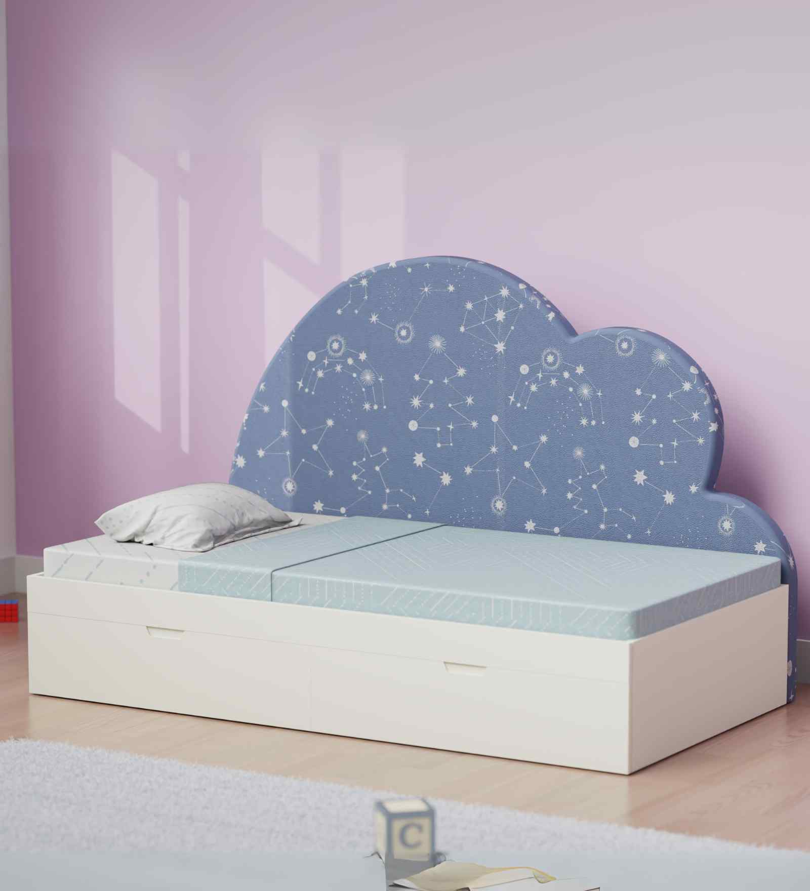 Starry Nights Sofa Cum Bed With White Drawers Storage and Guided Paths Print