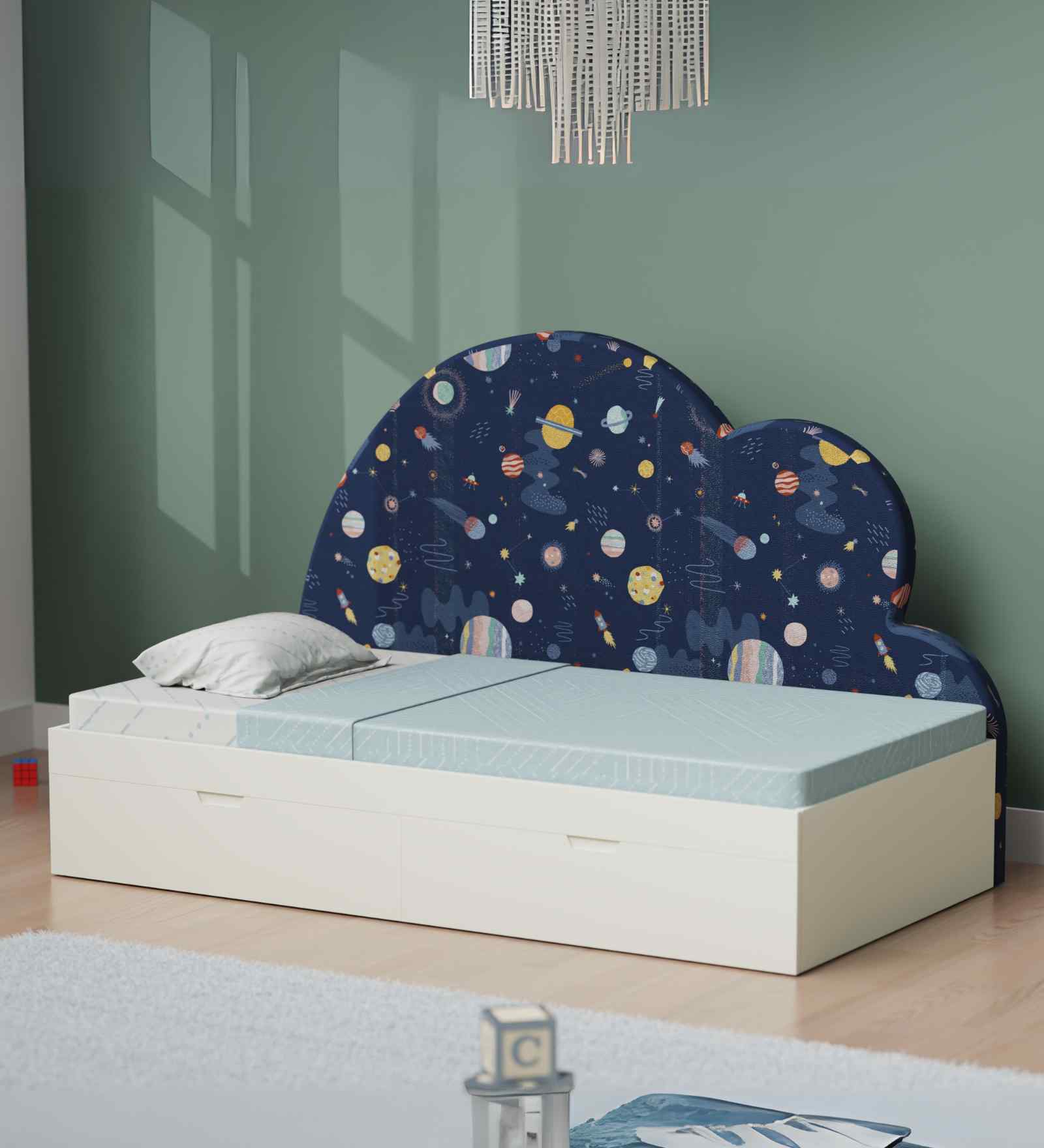 Starry Nights Sofa Cum Bed With White Drawers Storage and Odyssey Print