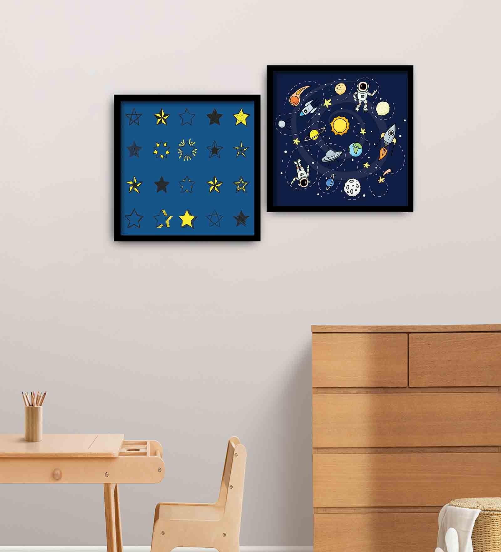 Stars Blue Engineered Wood Framed Art Print Set of 2