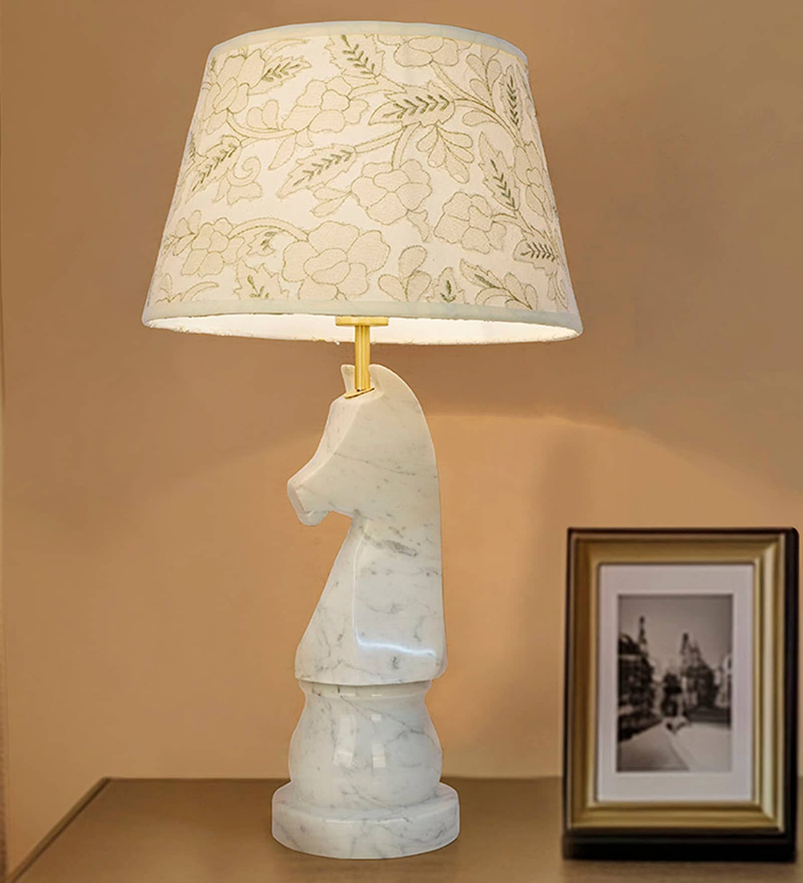 Statuario Marble Chess Knight Table Lamp with Embroidered Drum Shade