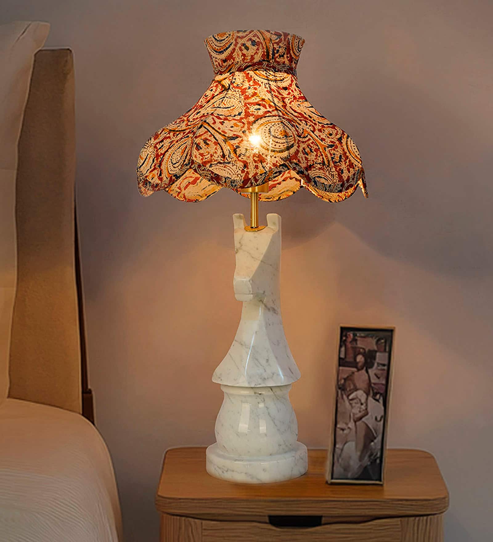 Statuario Marble Chess Knight Table Lamp with Kalamkari Shade