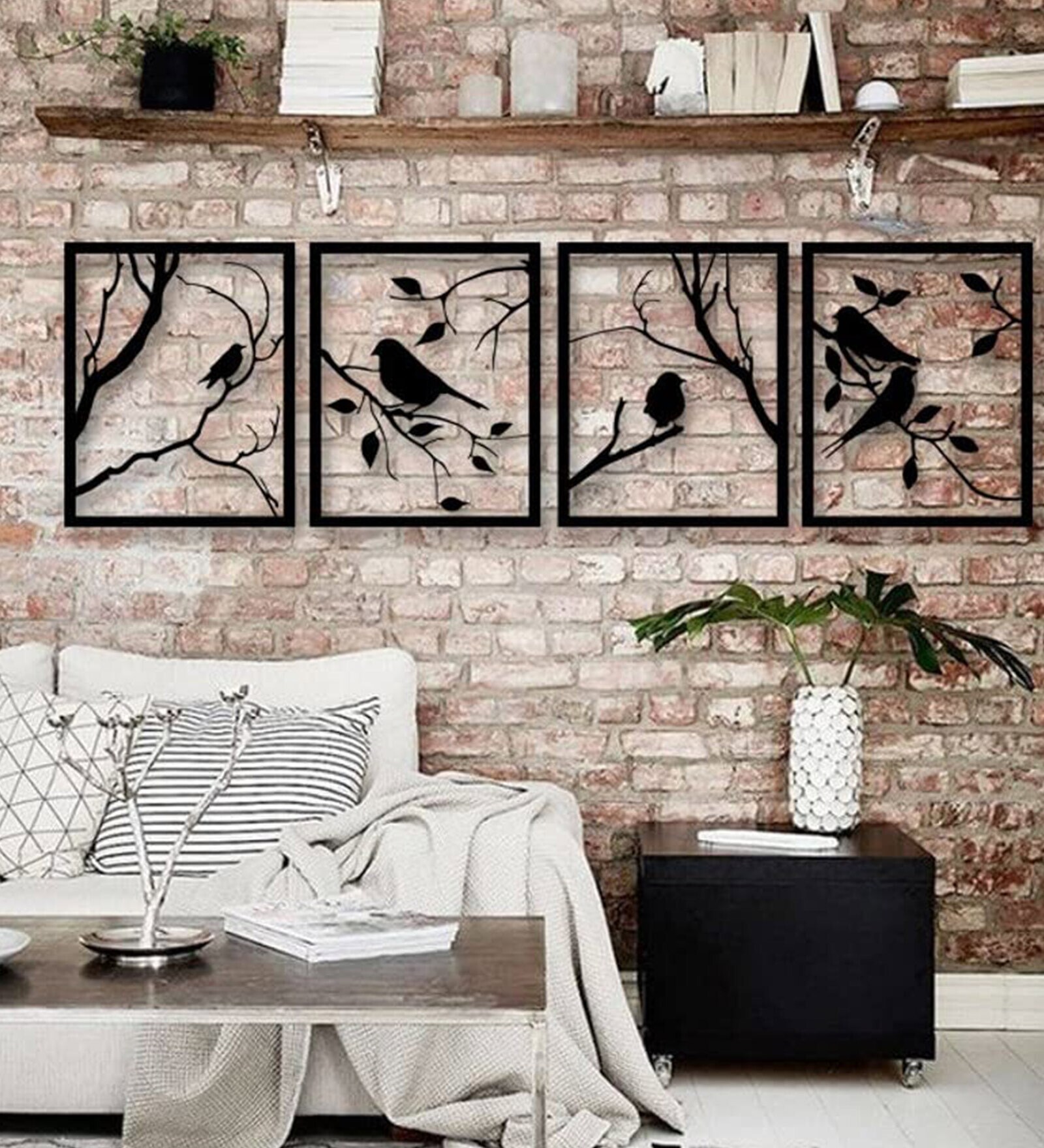 Buy Steel Black Tree With Branches And Birds 4 Set Metal Wall Art By ...