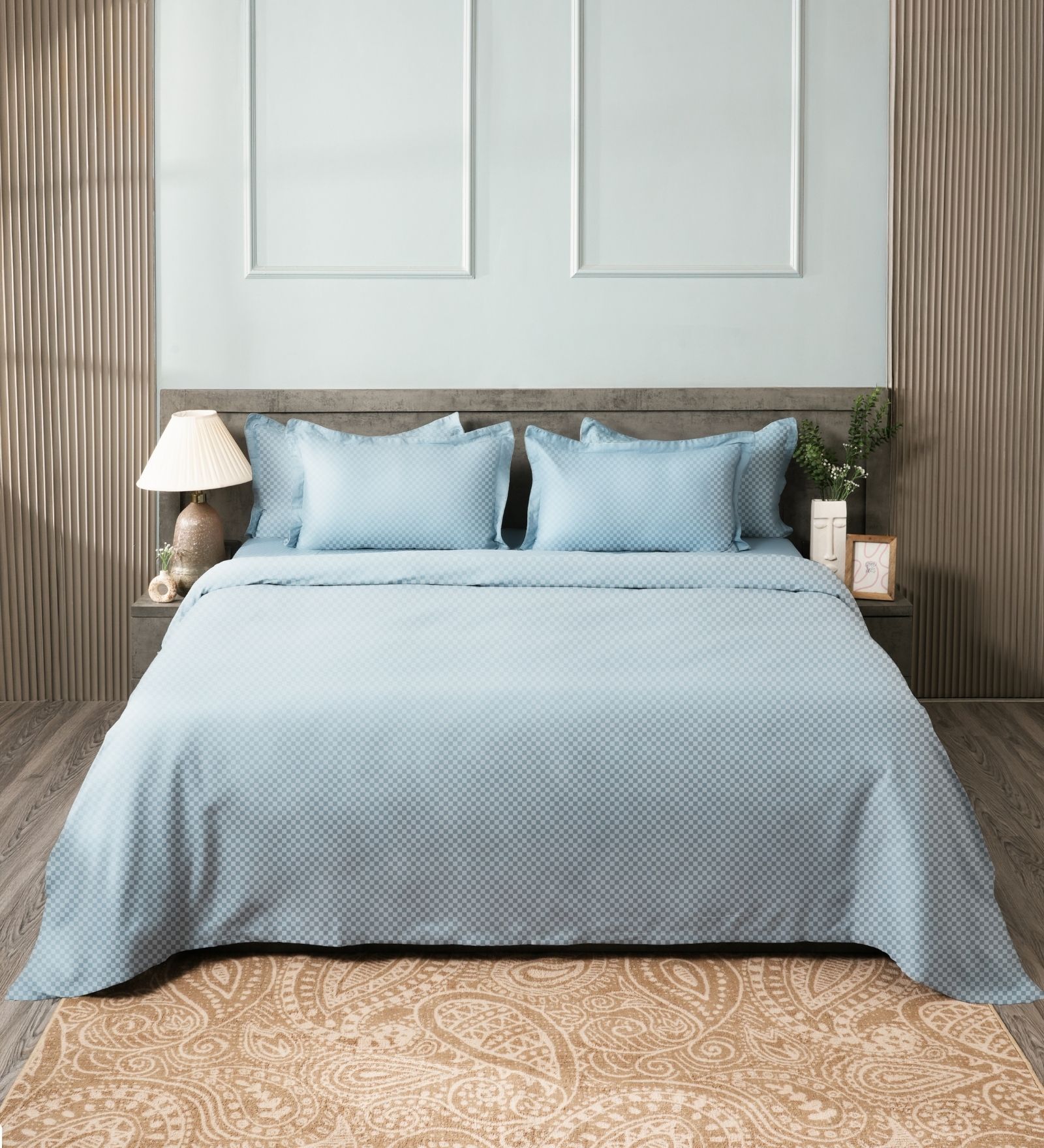 Steel Blue 300TC 100% Cotton Flat Chekered Super King Bedsheet with 2 Pillow Covers