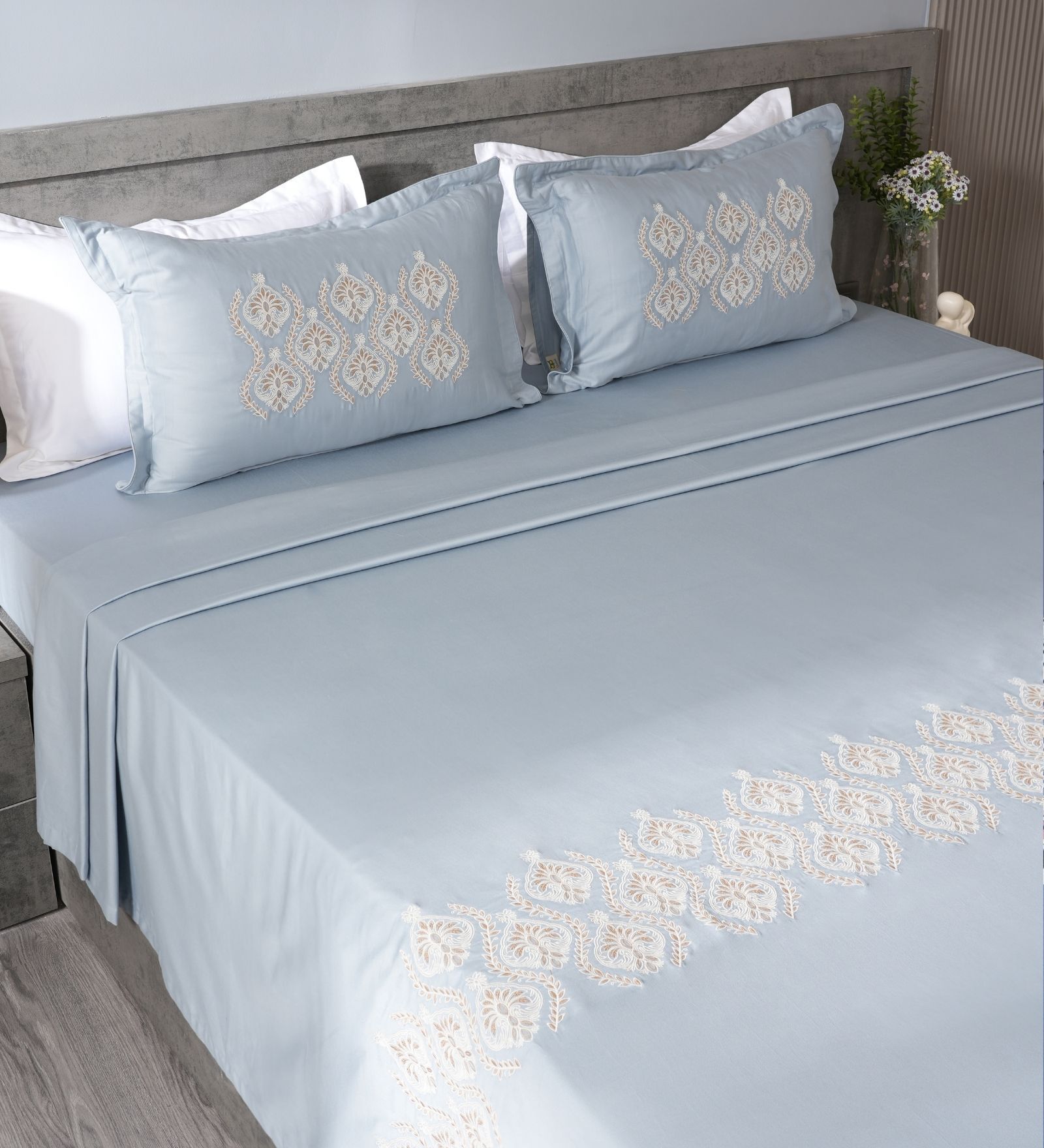 Steel Blue 300TC 100% Cotton Solid Flat Embroidered Super King Bedsheet With 2 Pillow Covers