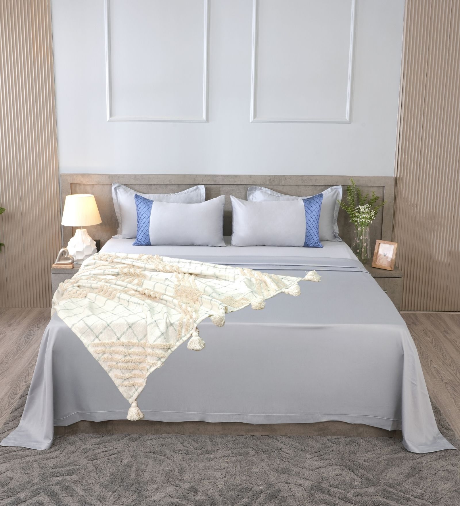 Steel Blue 300TC 100% Cotton Solids Flat Super King Bedsheet With 2 Pillow Covers