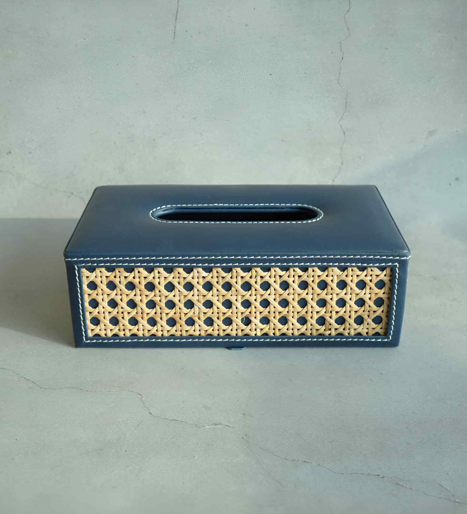 Steel Blue Rectangular PU Leather and Natural Rattan Tissue Box Holder