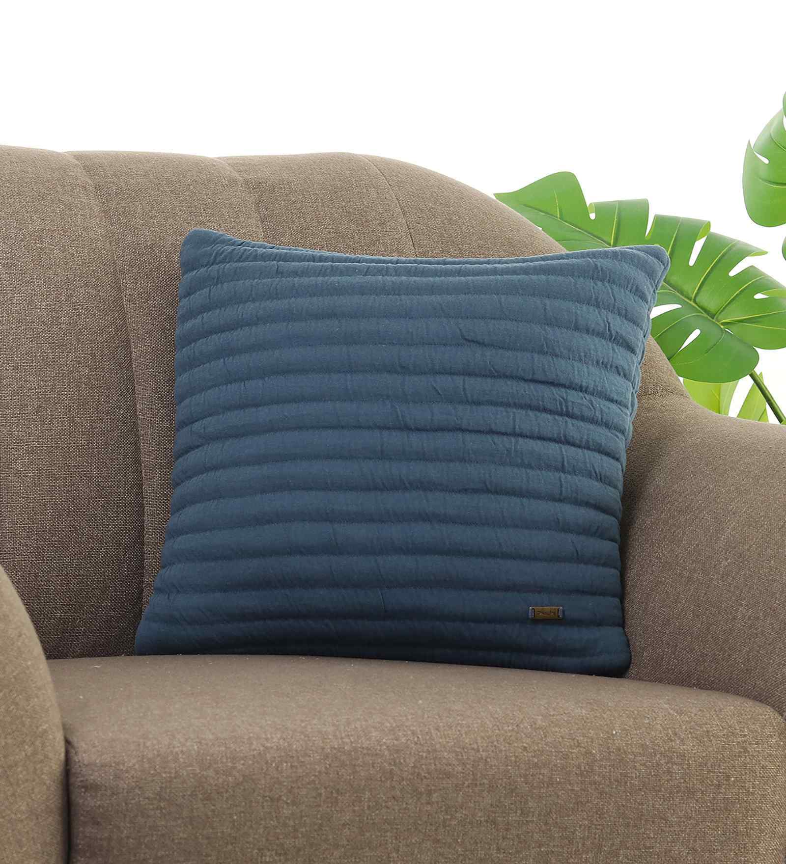 Steel Blue Shell 100% Cotton Stripes 16X16 Inches Knitted Cushion Cover With Filler