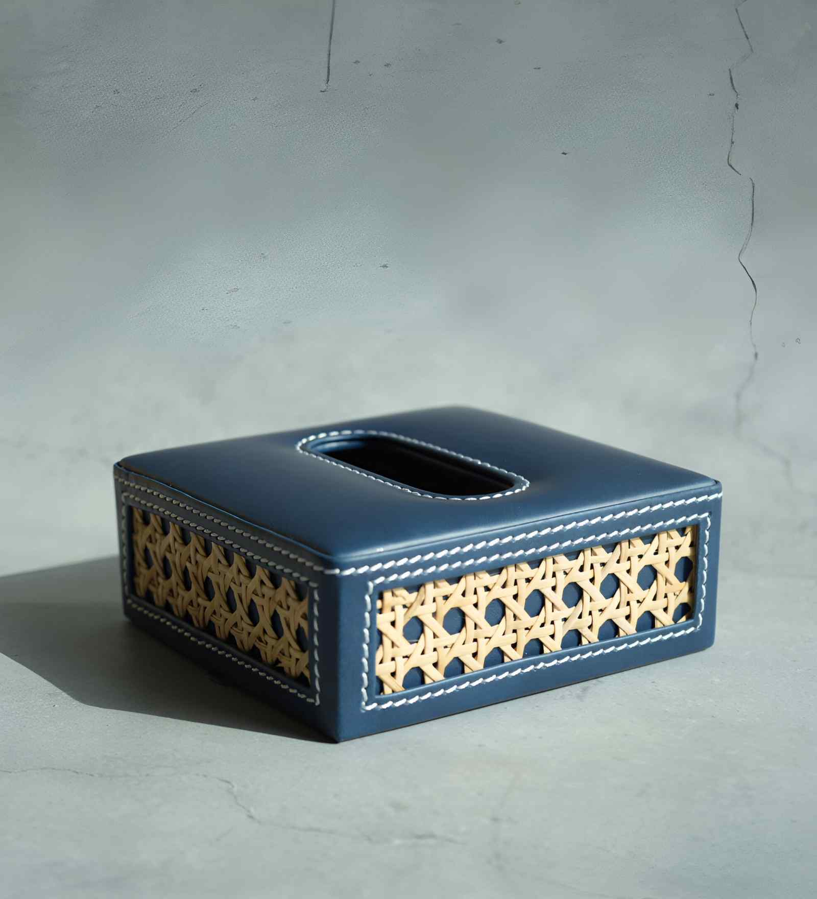 Steel Blue Square PU Leather and Natural Rattan Tissue Box Cover Decorative Tissue Holder