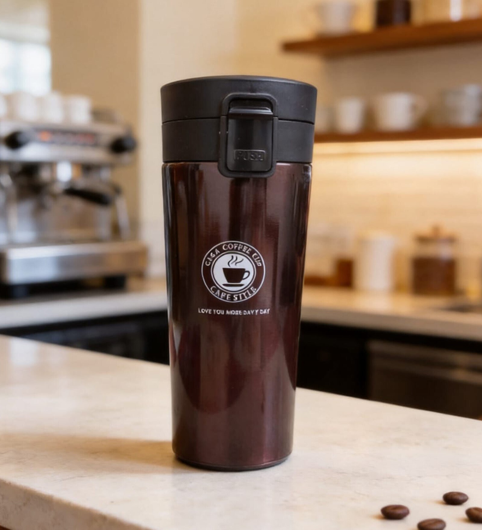 Brown Stainless Steel Travel Coffee Mug with Push Button Lid, 500 ml
