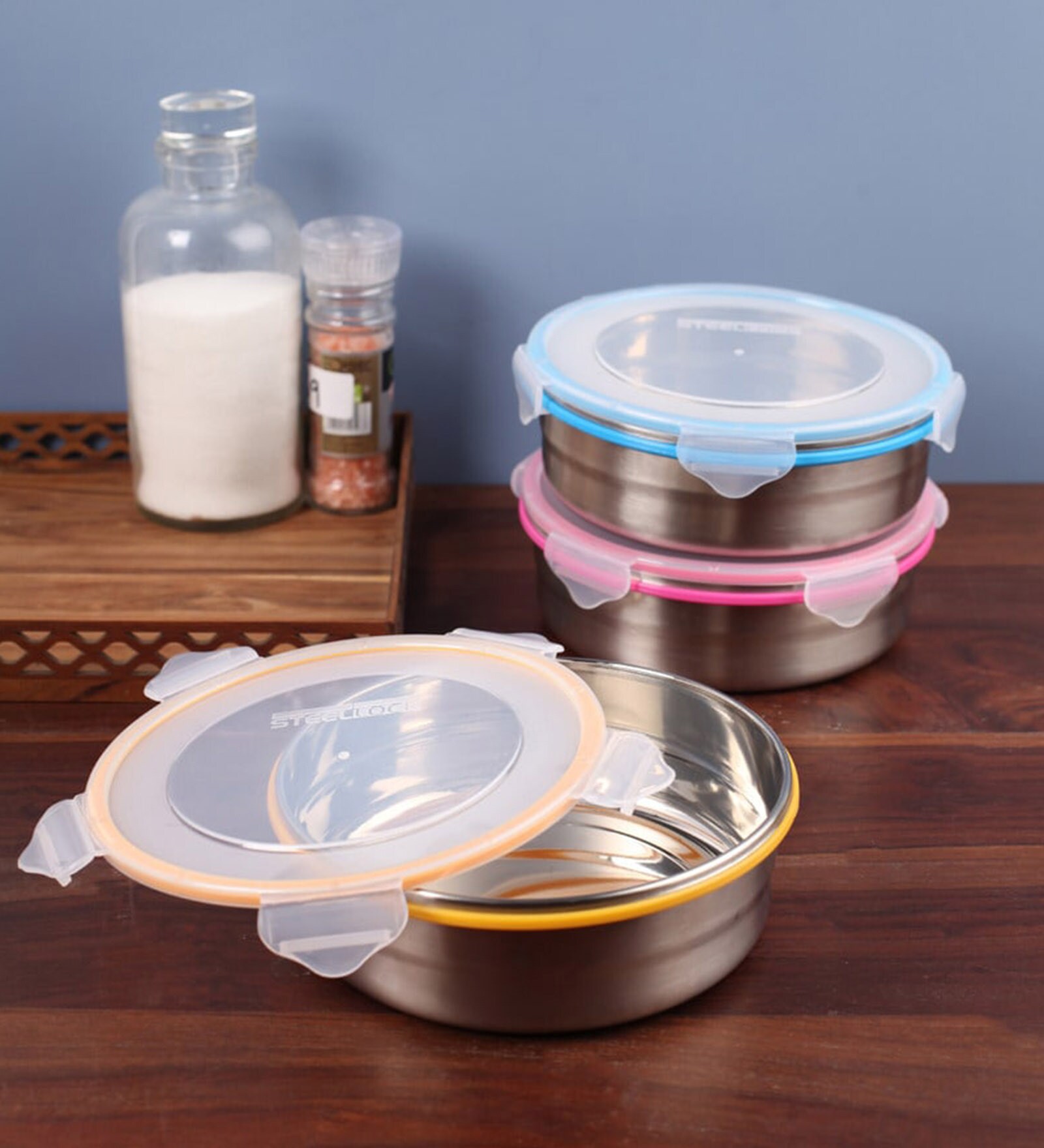 Buy Steel Lock Multicolour 1200 Ml Storage Lunch Box - Set of 3 at 100% ...