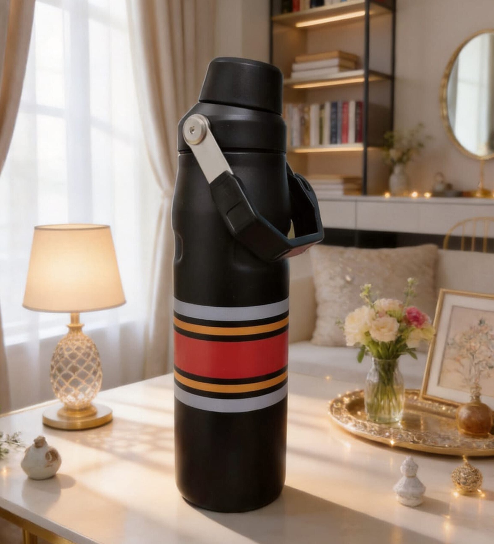 Black Stainless Steel Strip Line Water Bottle, 750 ml
