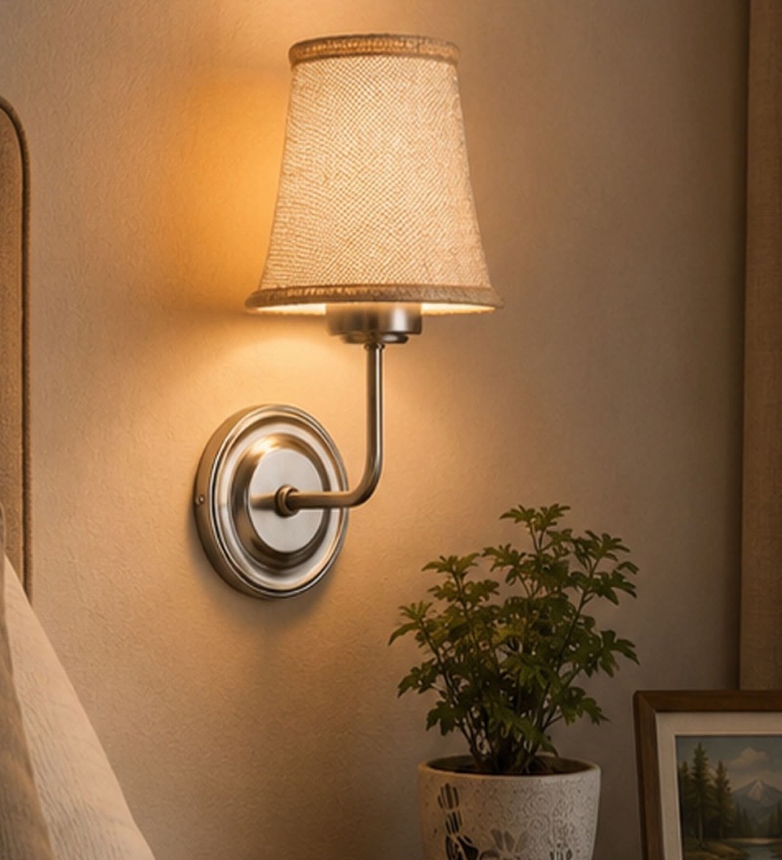 Steel Wall Mounted Lamp with Beige Jute Shade & Cafe