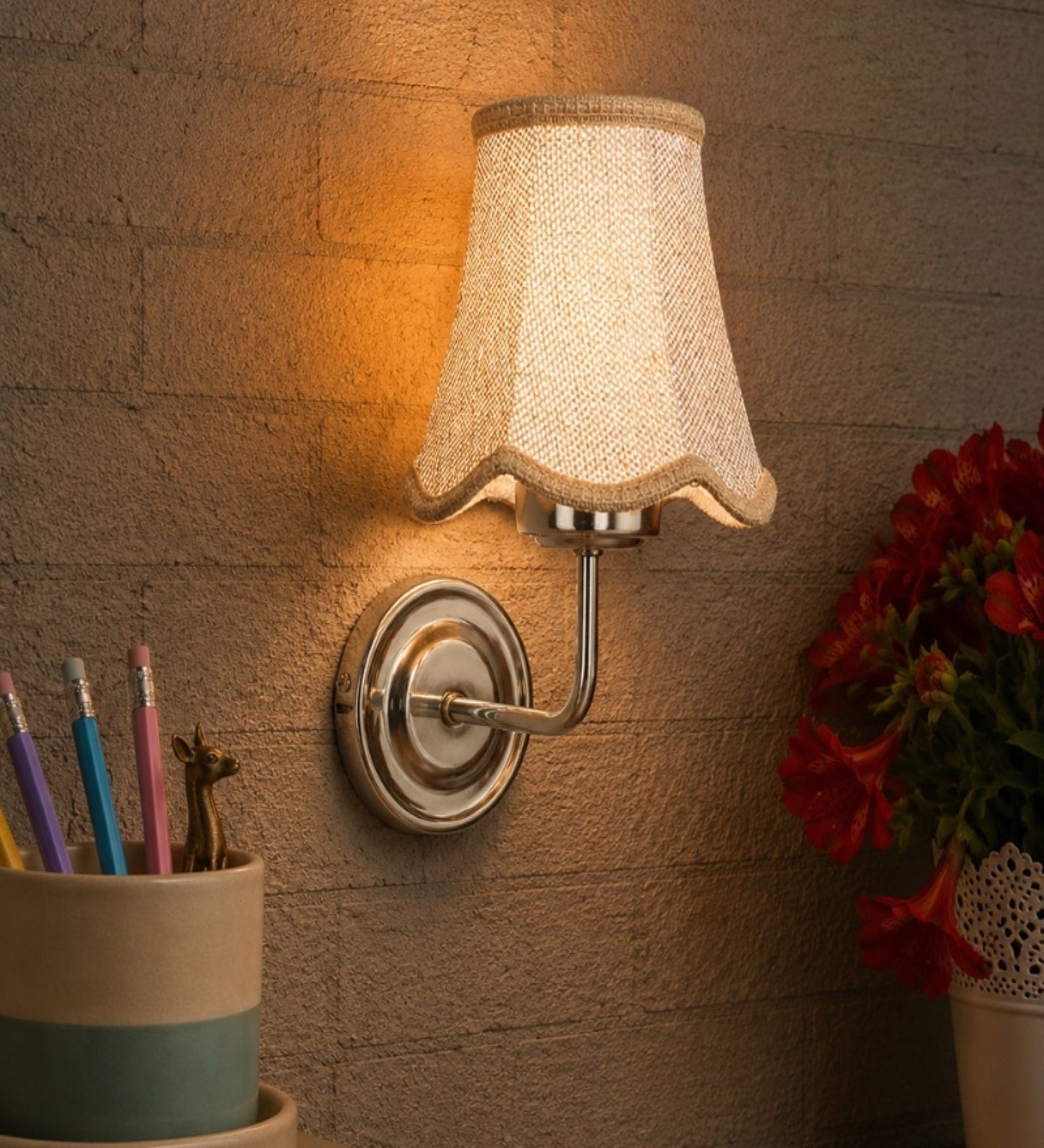 Steel Wall Mounted Light with Beige Jute Shade