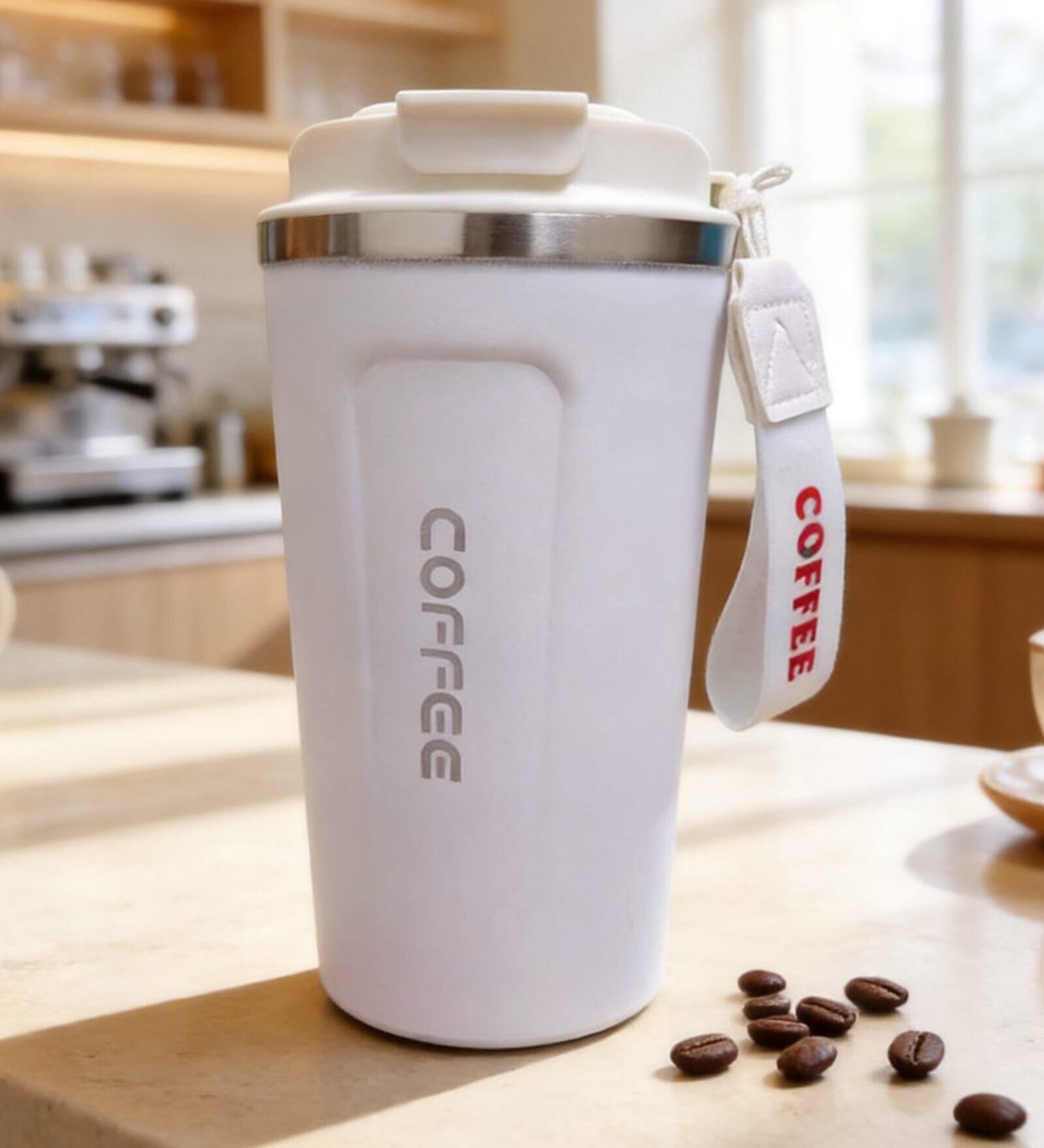 White Stainless Steel Insulated Coffee Mug with Carrying Strap, 550 ml