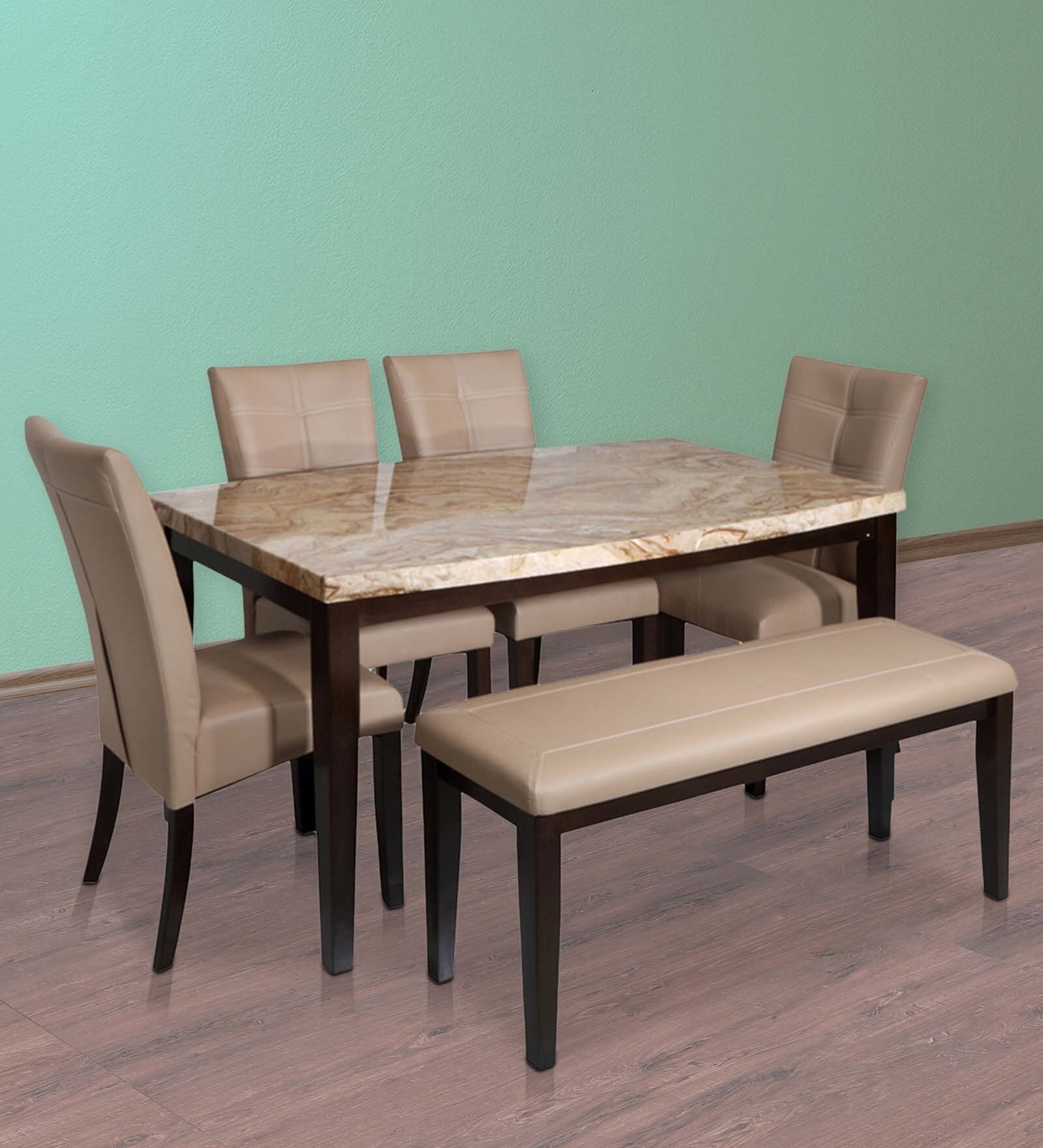 Buy Stella Six Seater Dining Set (4 Chairs + 1 Bench) in Beige & Walnut