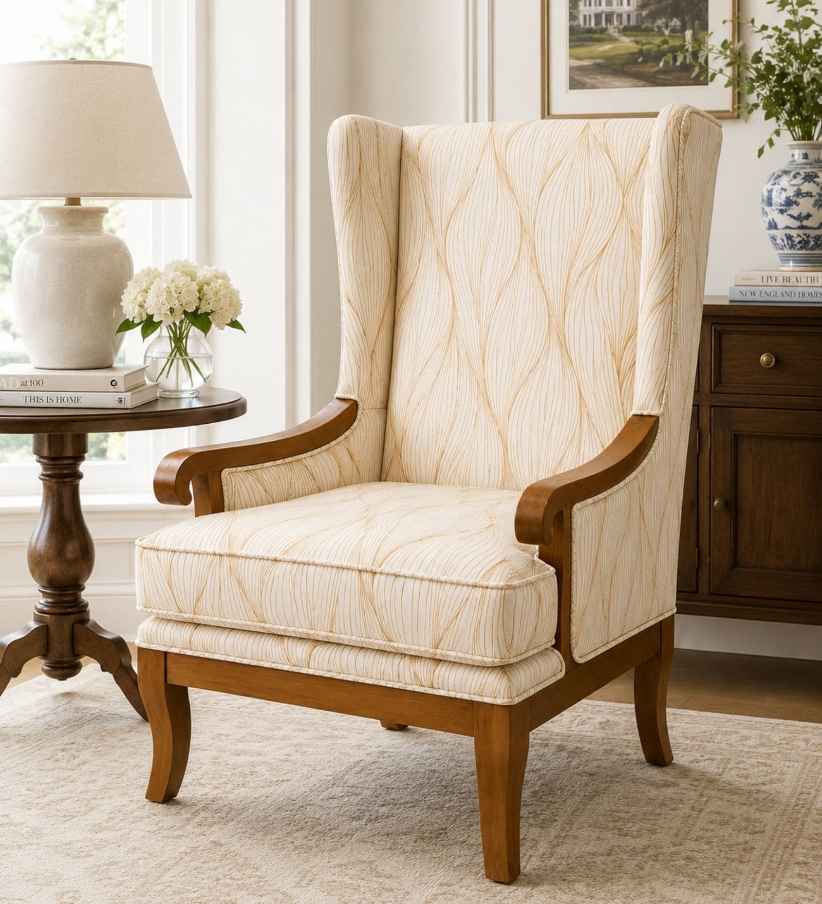 Stellan Teak Wood Wing Chair With Suede Fabric In OffWhite Colour Stellan Teak Wood Wing Chair With Suede Fabric In OffWhite Colour