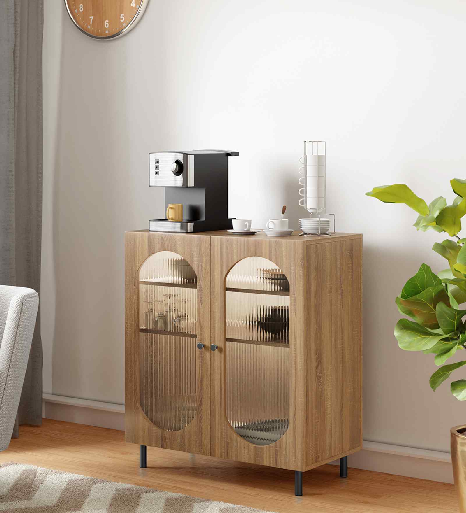 Stellar Fluted Glass 2 Door Cabinet With Automatic LED light & Adjustable Shelf In Oak In Oak finish