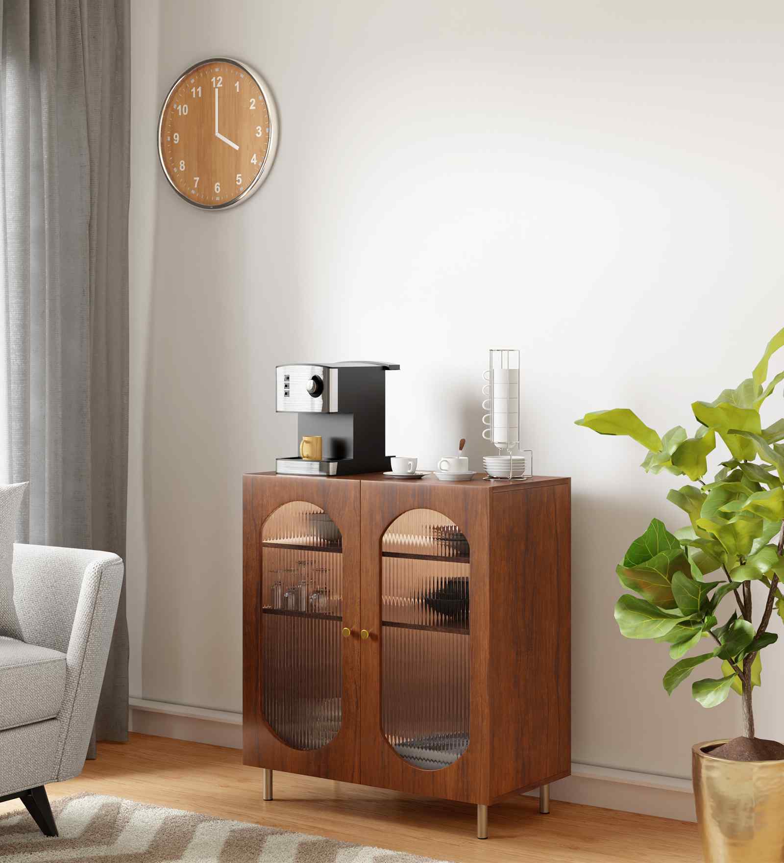 Stellar Fluted Glass 2 Door Cabinet With Automatic LED light & Adjustable Shelf In Brown finish