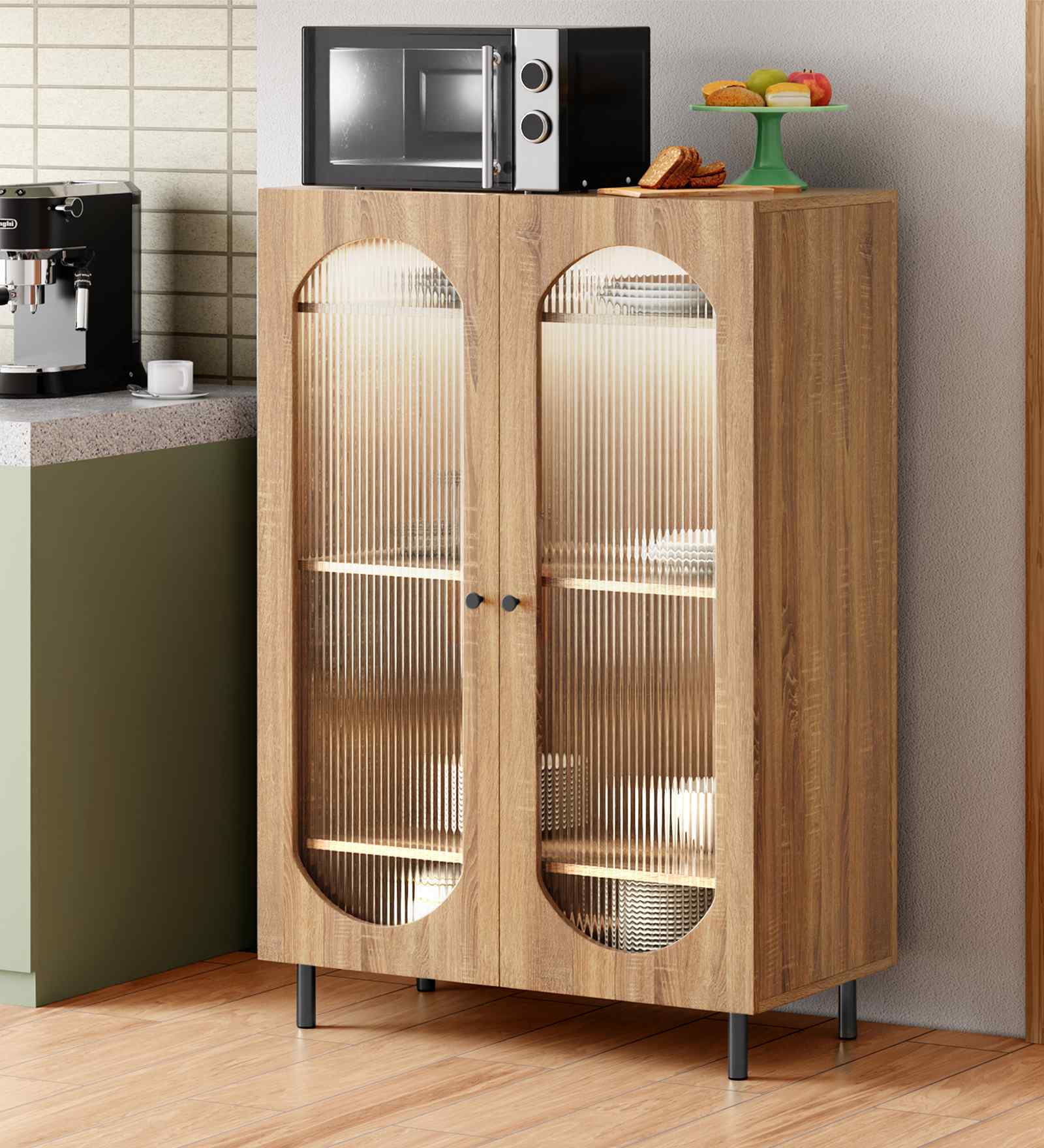 Stellar  Fluted Glass 2 Door Cabinet With Automatic LED light & Adjustable Shelf In Oak In Oak finish