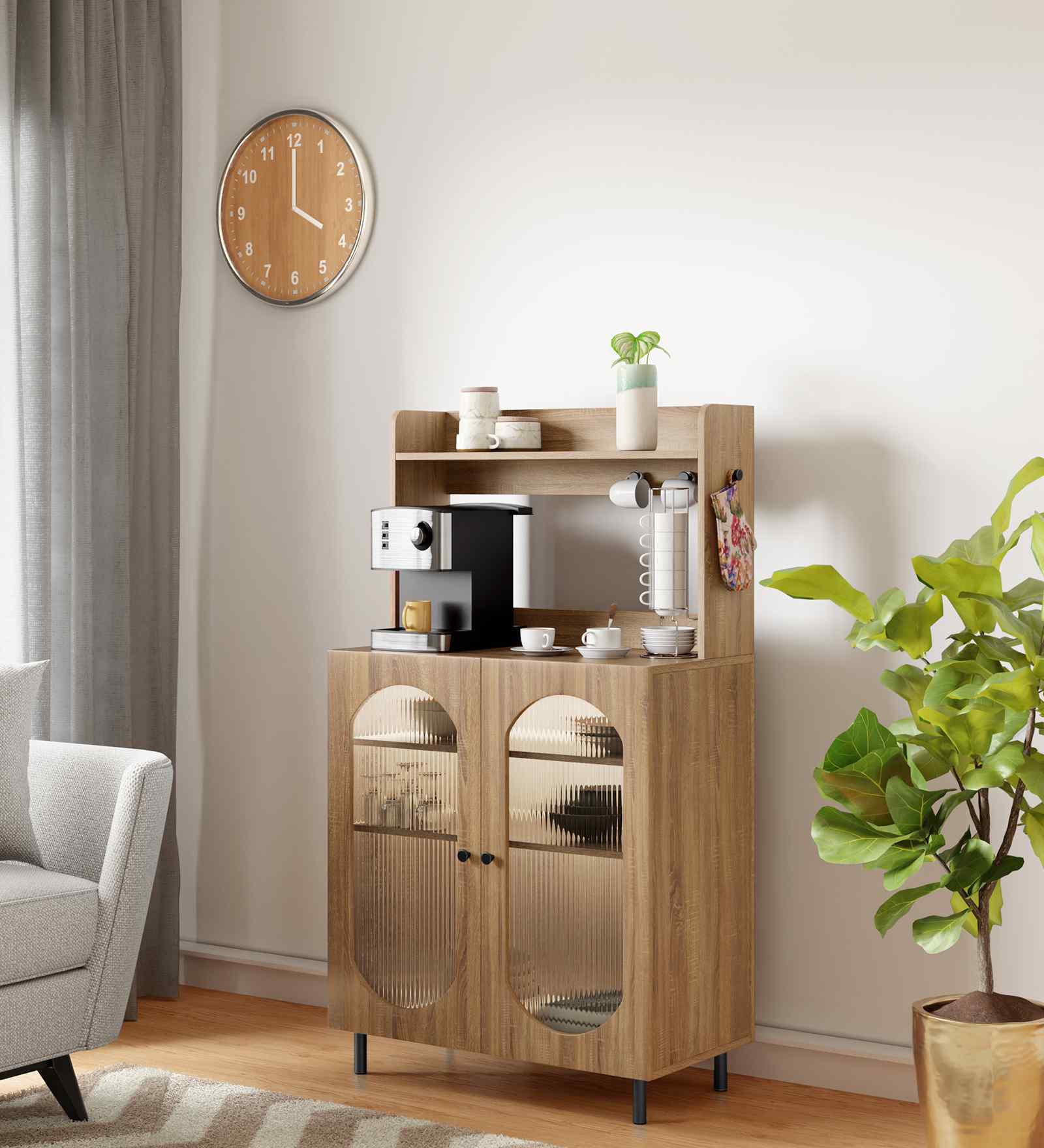 Stellar Fluted Glass Crokery Unit With Automatic LED light & Adjustable Shelf In Oak In Oak finish Stellar Fluted Glass Crokery Unit With Automatic LED light & Adjustable Shelf In Oak In Oak finish