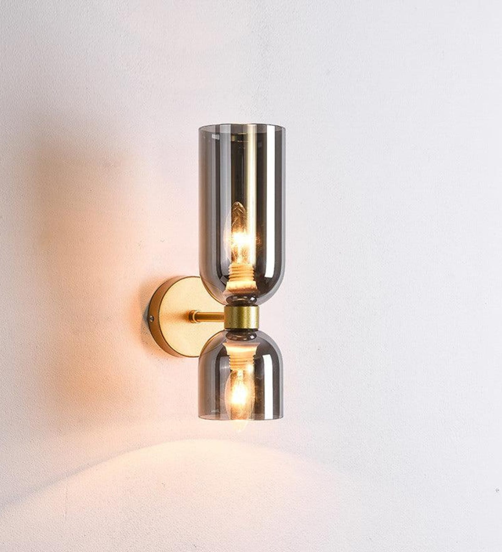 Stello Modern Double Glass Wall Sconce with Smoky Finish and Gold Base
