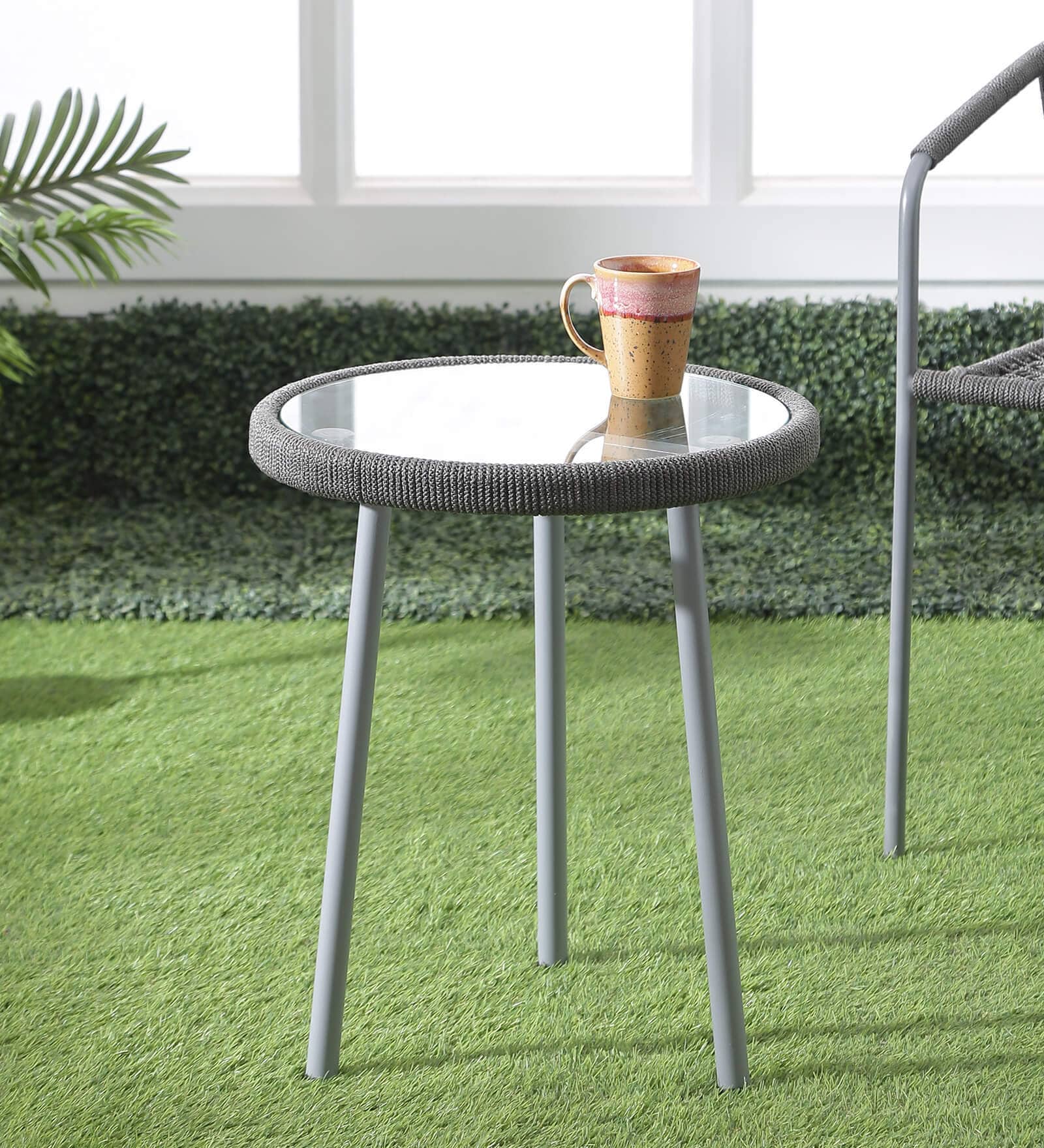 Stem Steel & Braided Rope Outdoor Table In Grey Finish