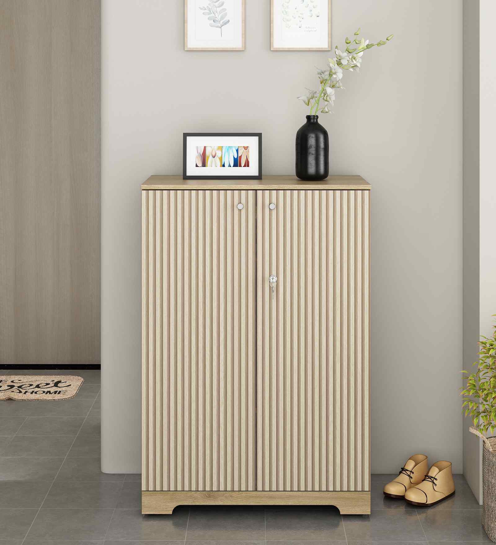 Stepnest Shoe Cabinet In Santana Oak & Bamboo Flute Finish