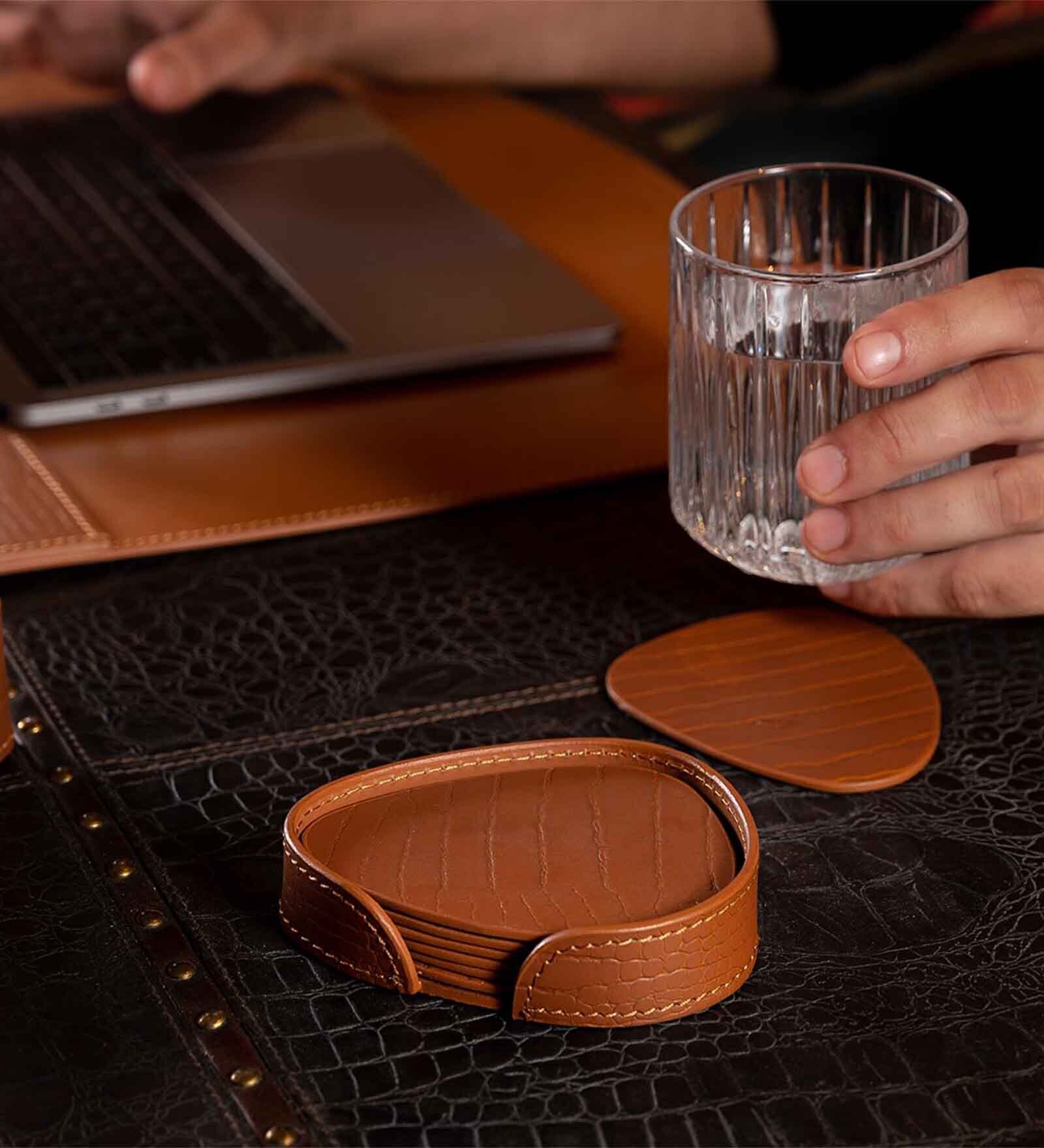 Sterling Brown Recycled leather (Set of 6) Coasters