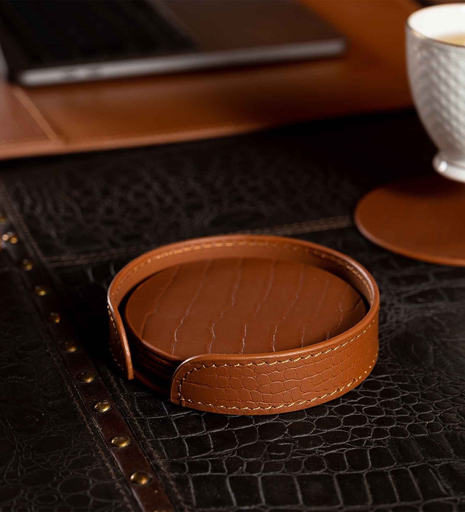 Sterling Round Brown Recycled leather (Set of 6) Coasters