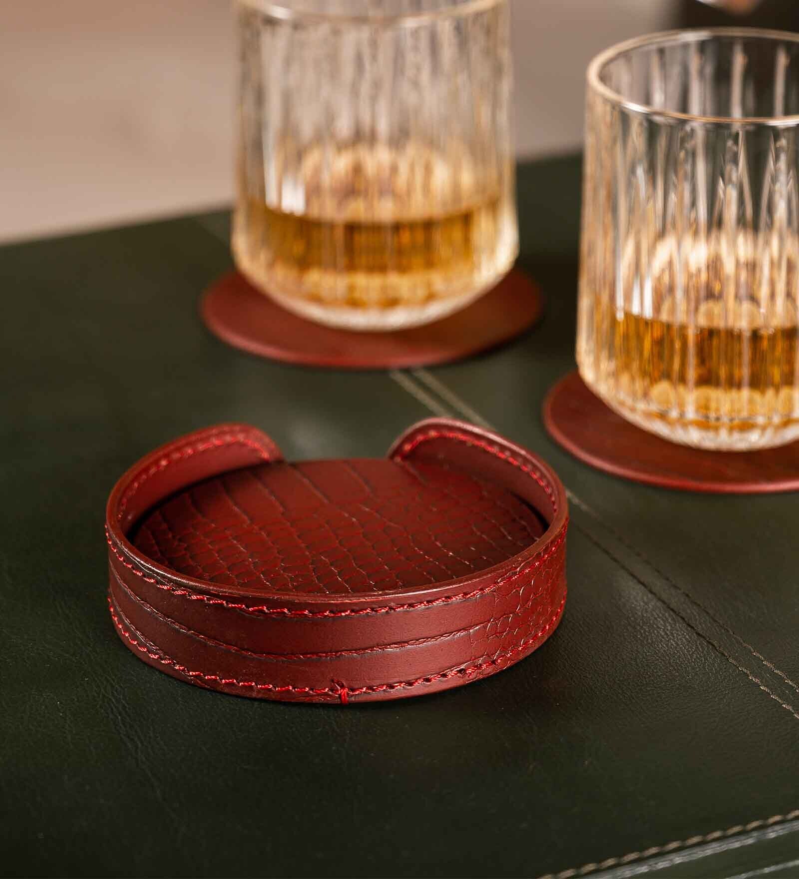 Sterling Round MaroonRecycled leather (Set of 6) Coasters