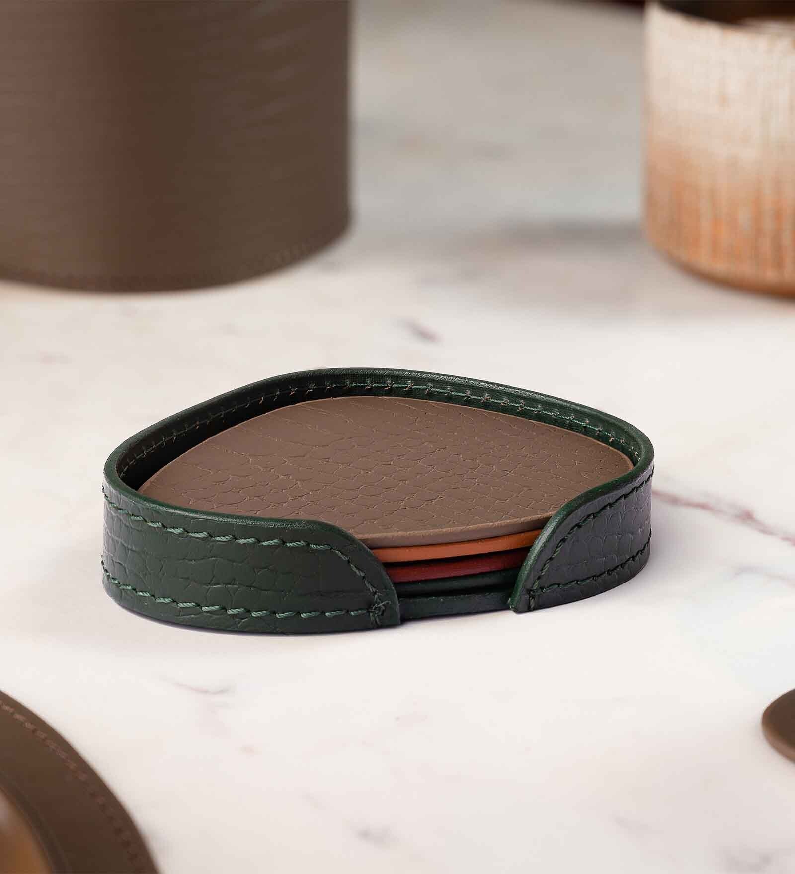 Sterling Green Cover & Multicolour Recycled leather (Set of 4) Coasters
