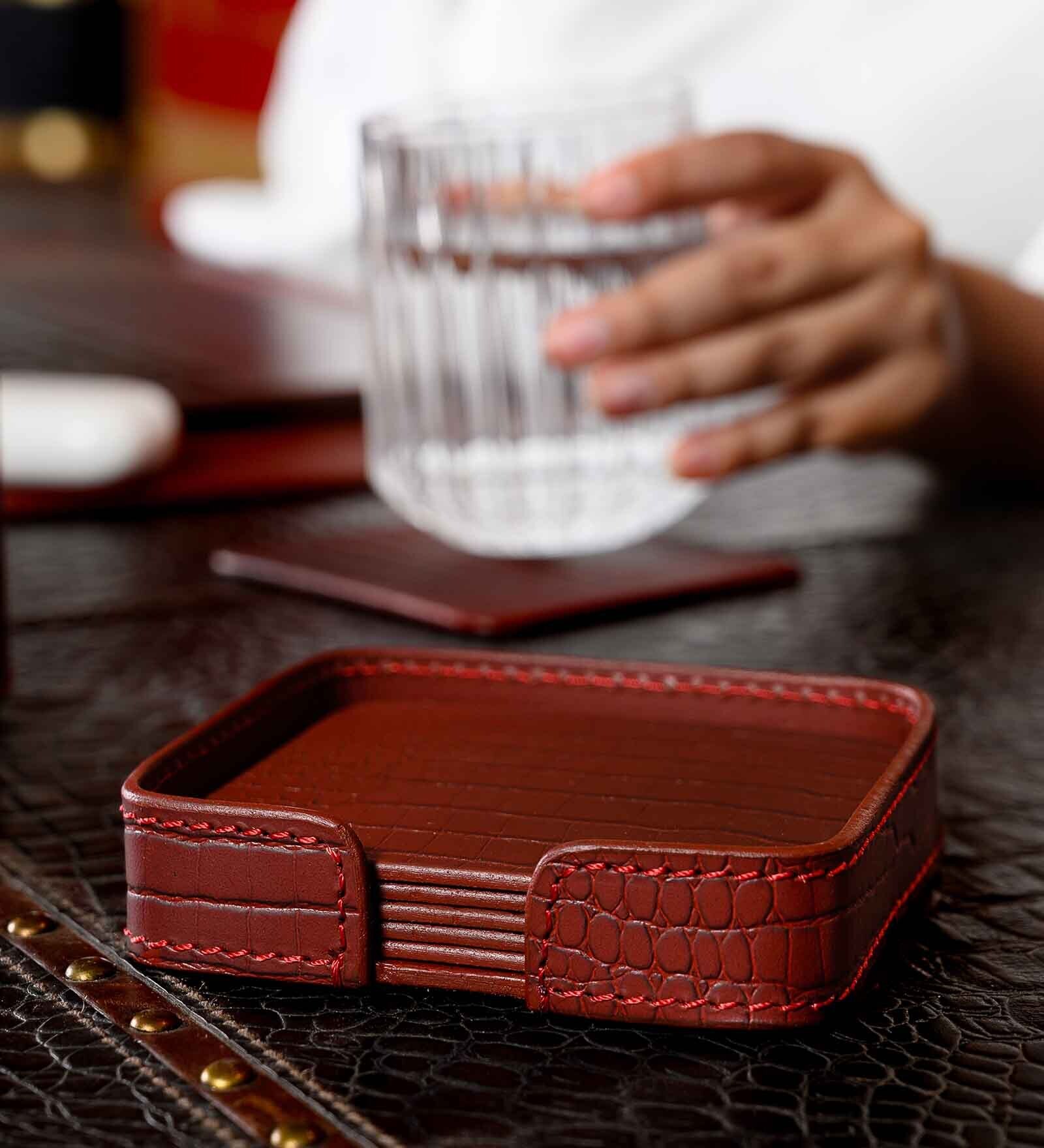 Sterling Maroon Recycled leather (Set of 6) Coasters