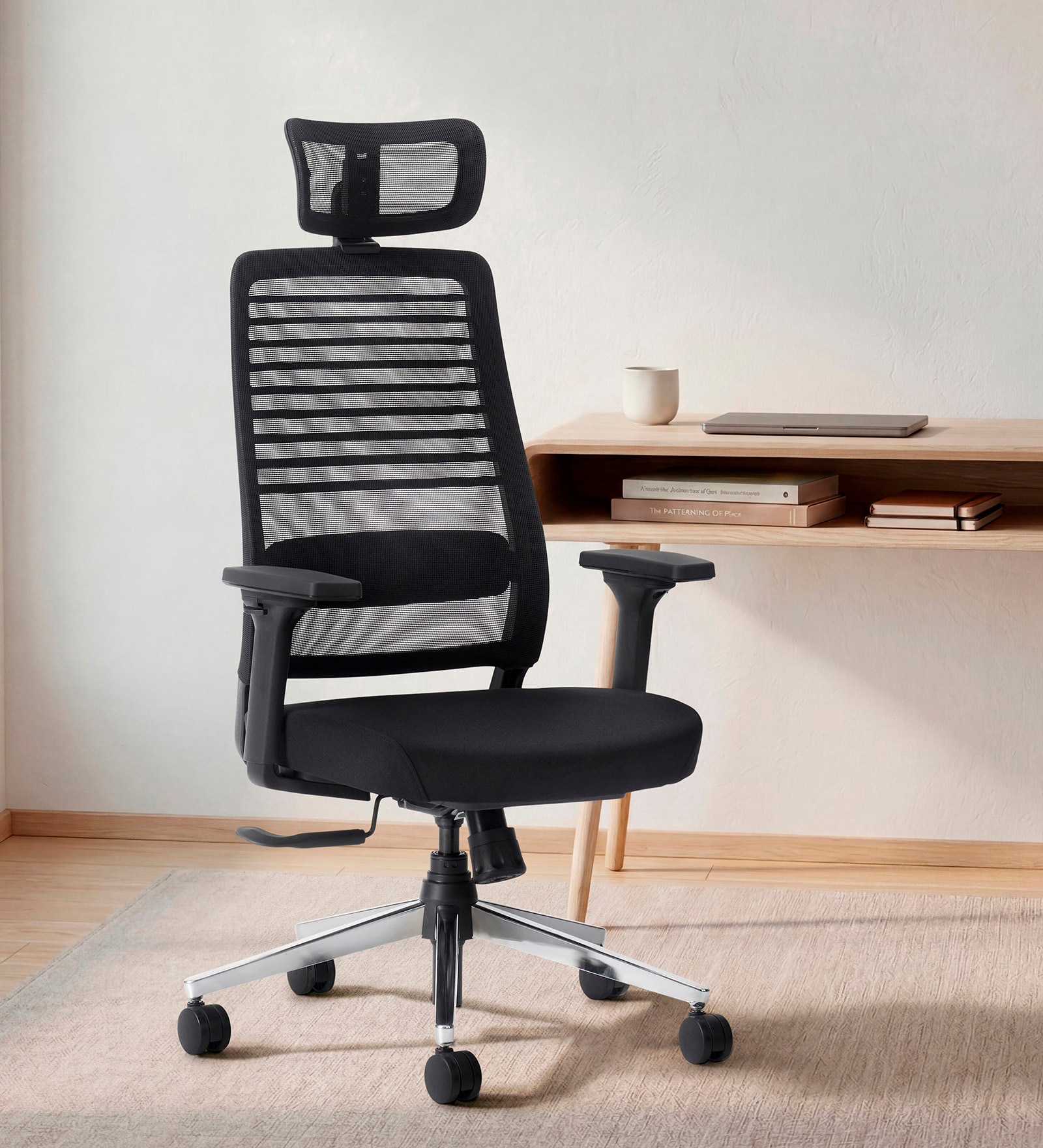 Sthira Office Chair with Seat Slider & Adjustable Lumbar Support in Black colour