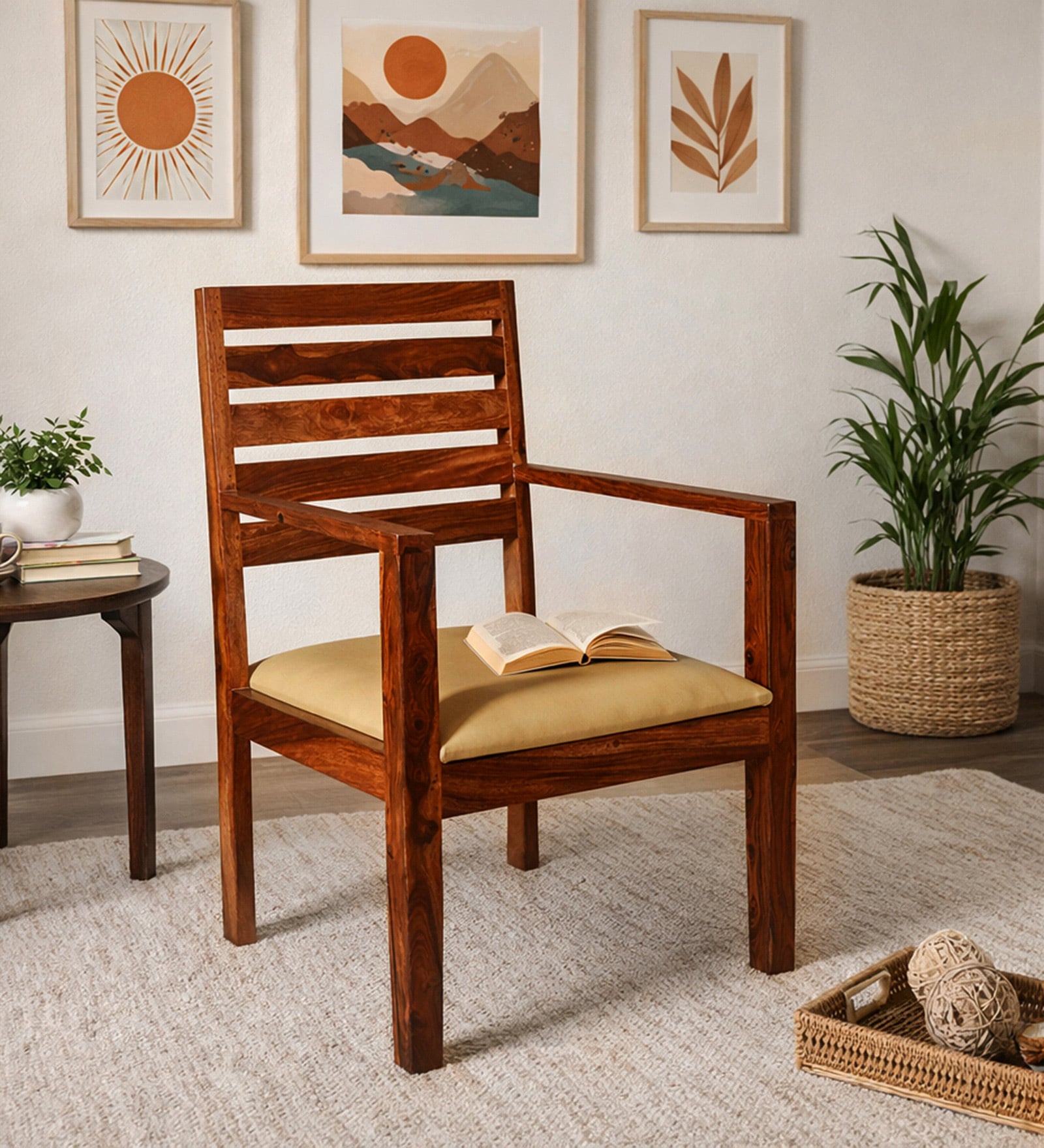 Stigen Sheesham Wood Arm Chair with Seat Cushion In Honey Oak Finish