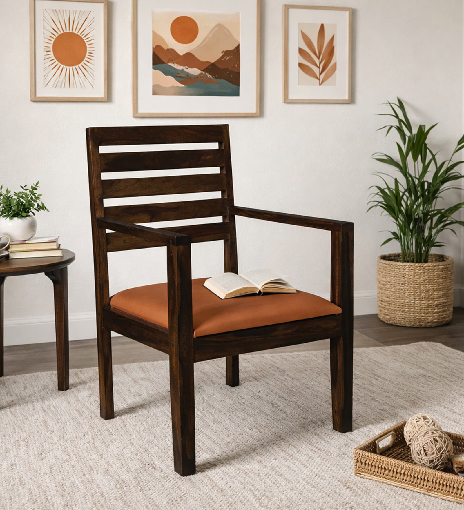 Stigen Sheesham Wood Arm Chair with Seat Cushion In Provincial Teak Finish