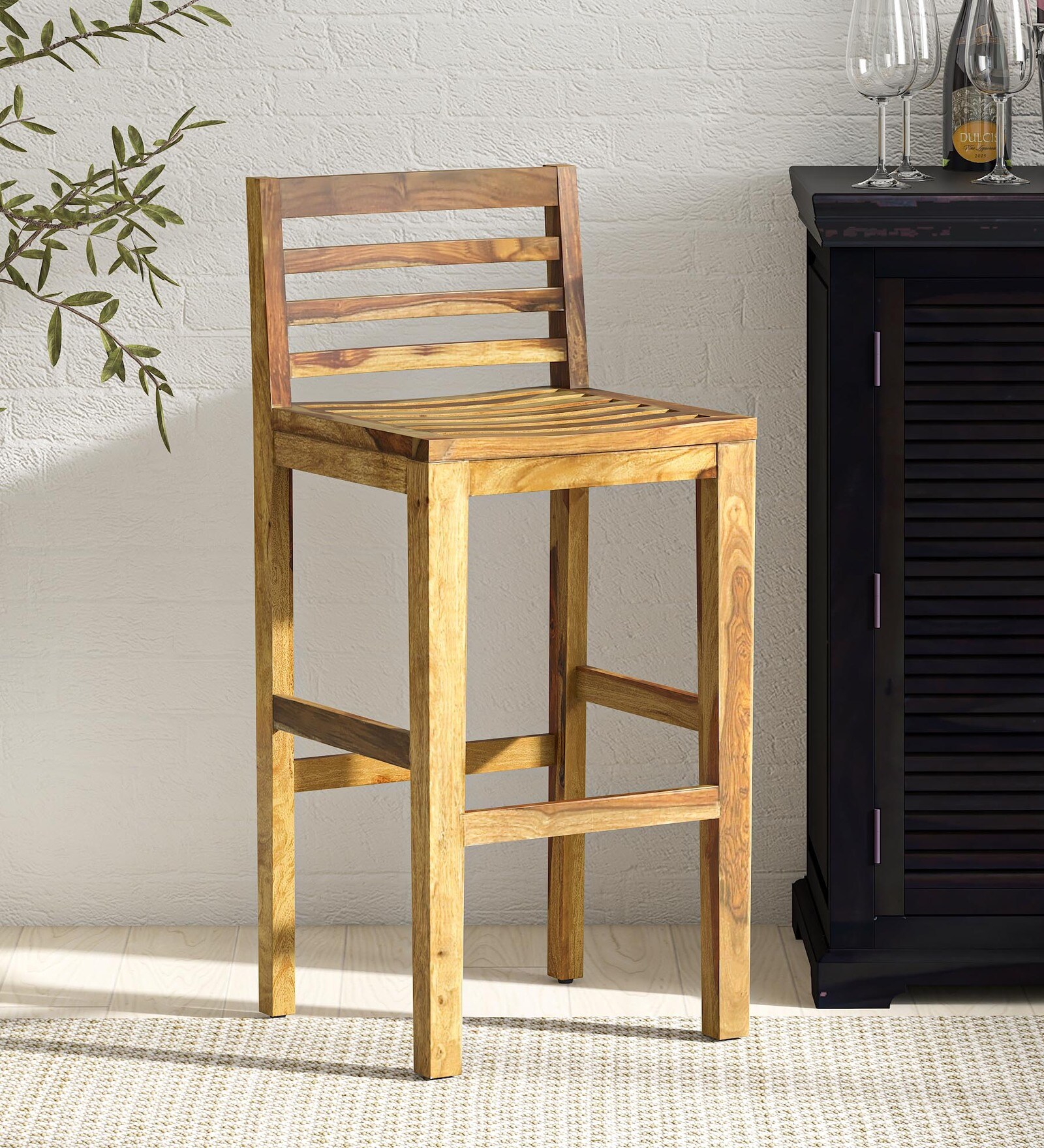 Stigen Sheesham Wood Bar Stool In Rustic Teak Finish