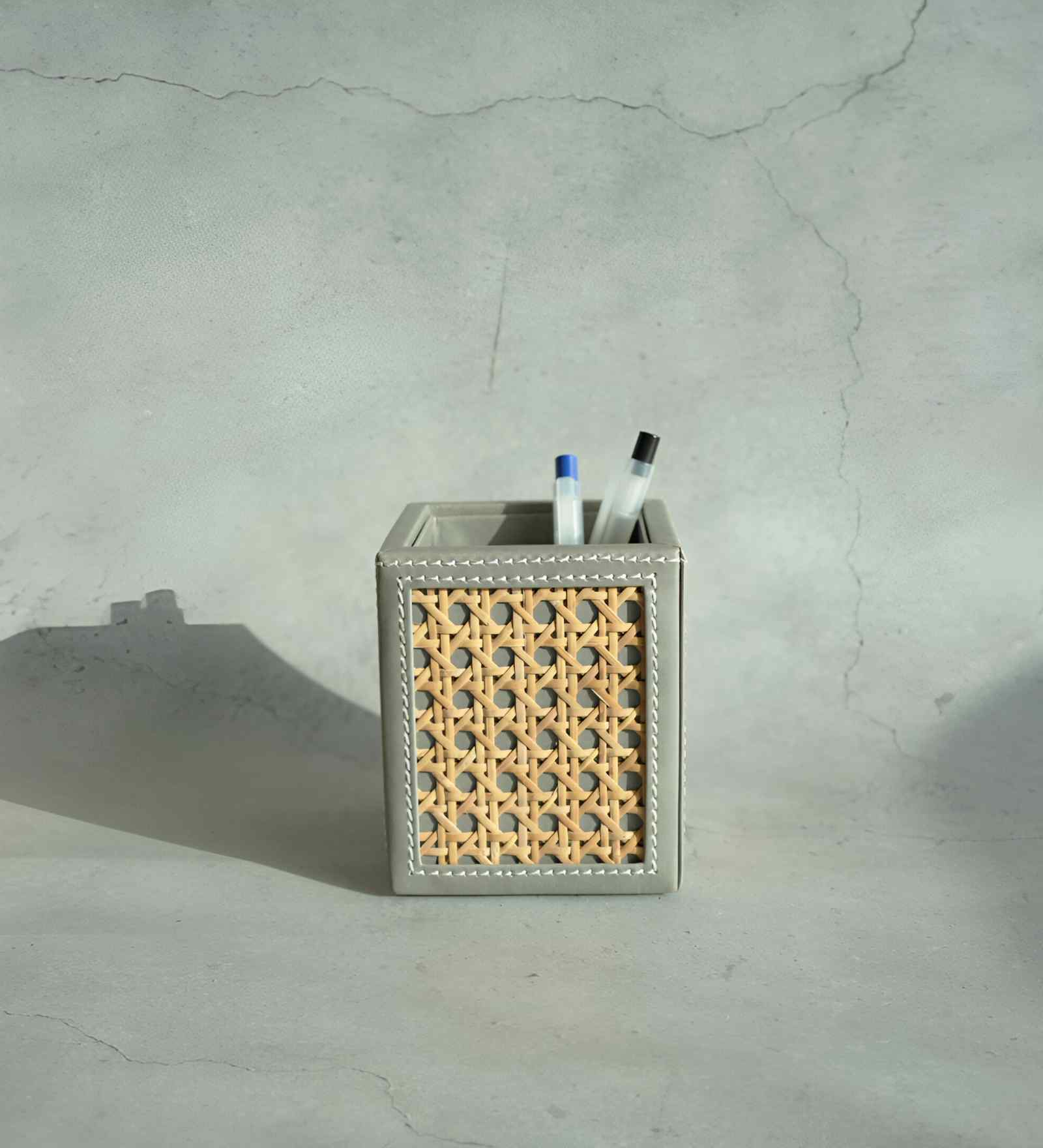 Stone Blue PU Leather and Natural Rattan Desk Organizer Stationery Holder