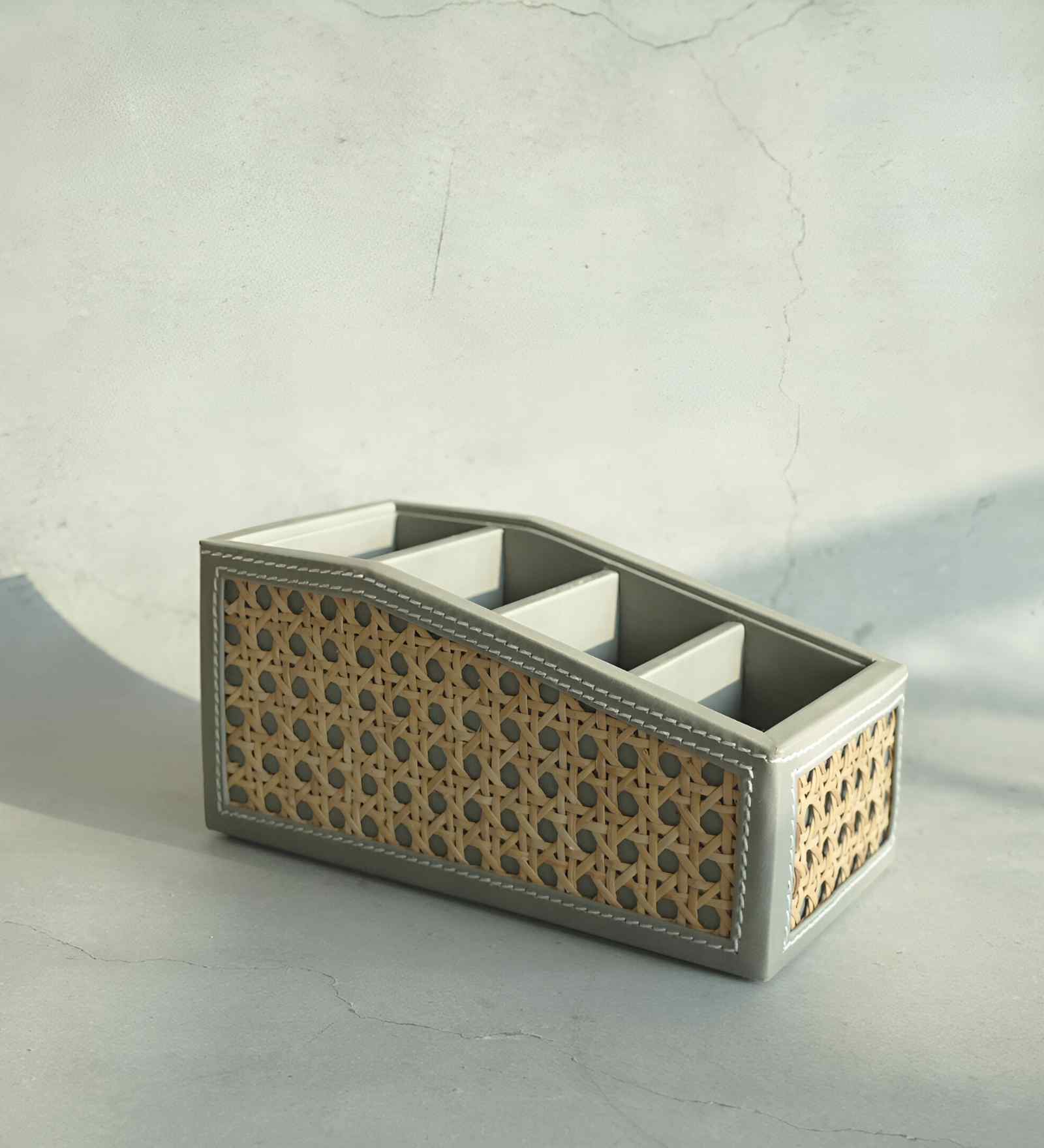 Stone Grey PU Leather Remote Control Organizer Holder for TV Remotes and Gadgets Multipurpose Desk Storage Organizer