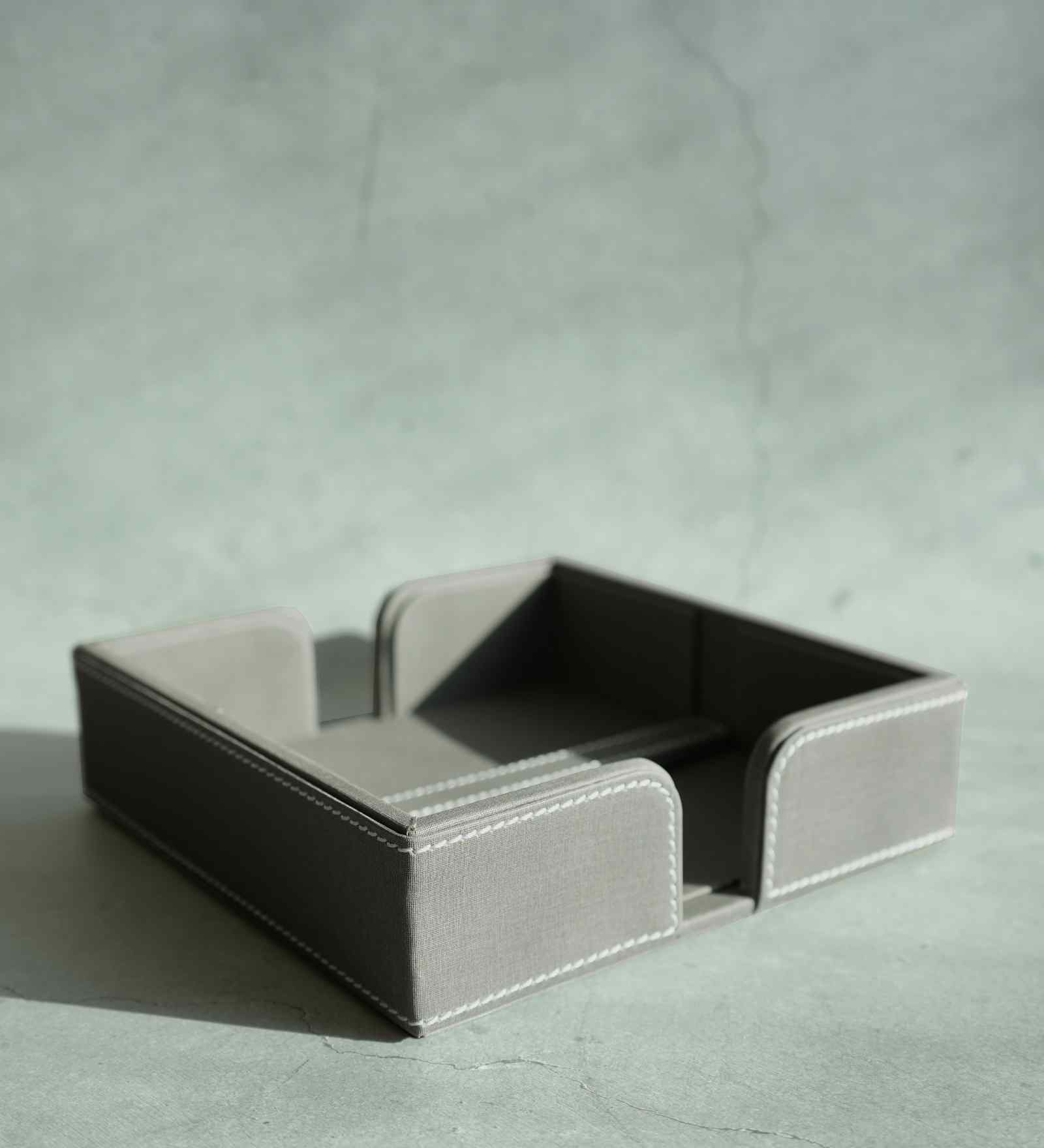 Stone Grey PU Leather Tissue Holder with Weighted Bar Design Elegant Tabletop Napkin Dispenser