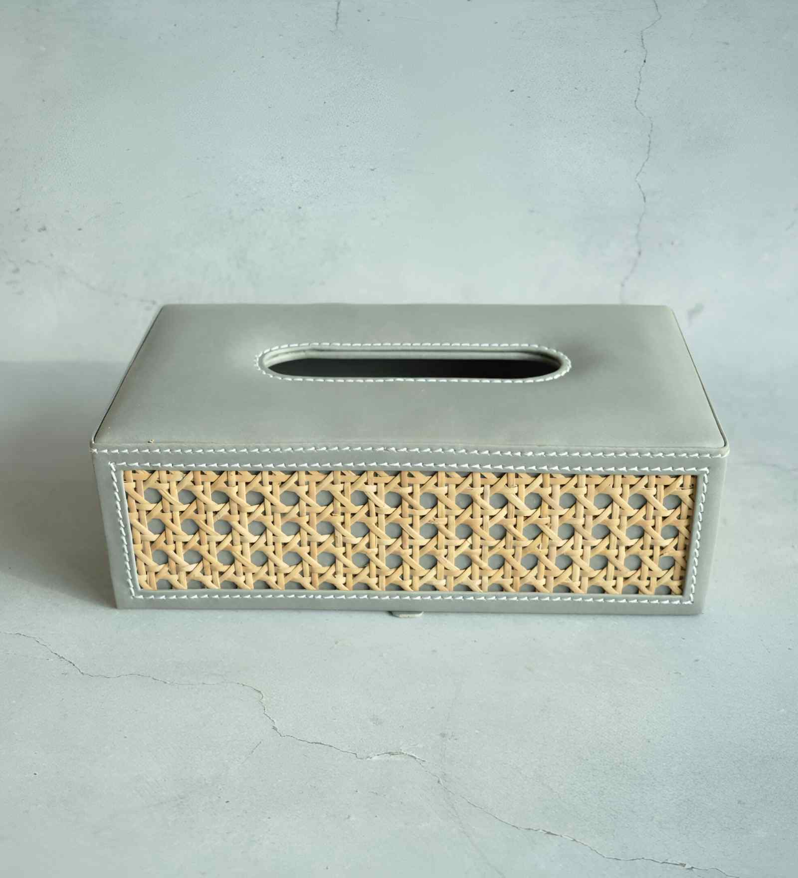 Stone Grey Rectangular PU Leather and Natural Rattan Tissue Box Holder