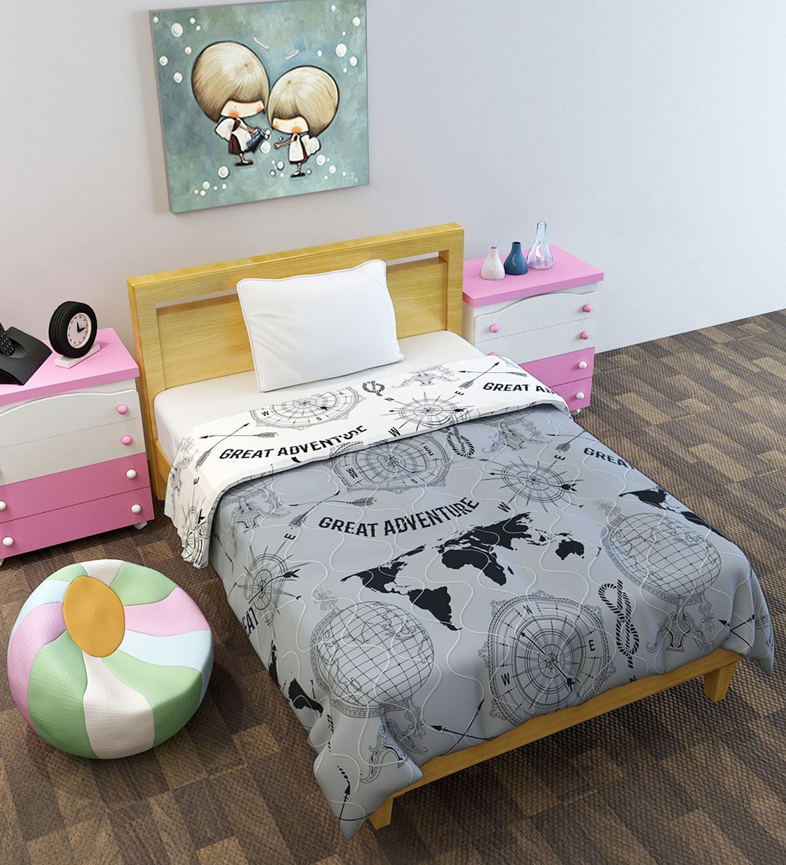 Stonewash Grey Microfiber Geographic 120 Gsm Single Kids Comforter