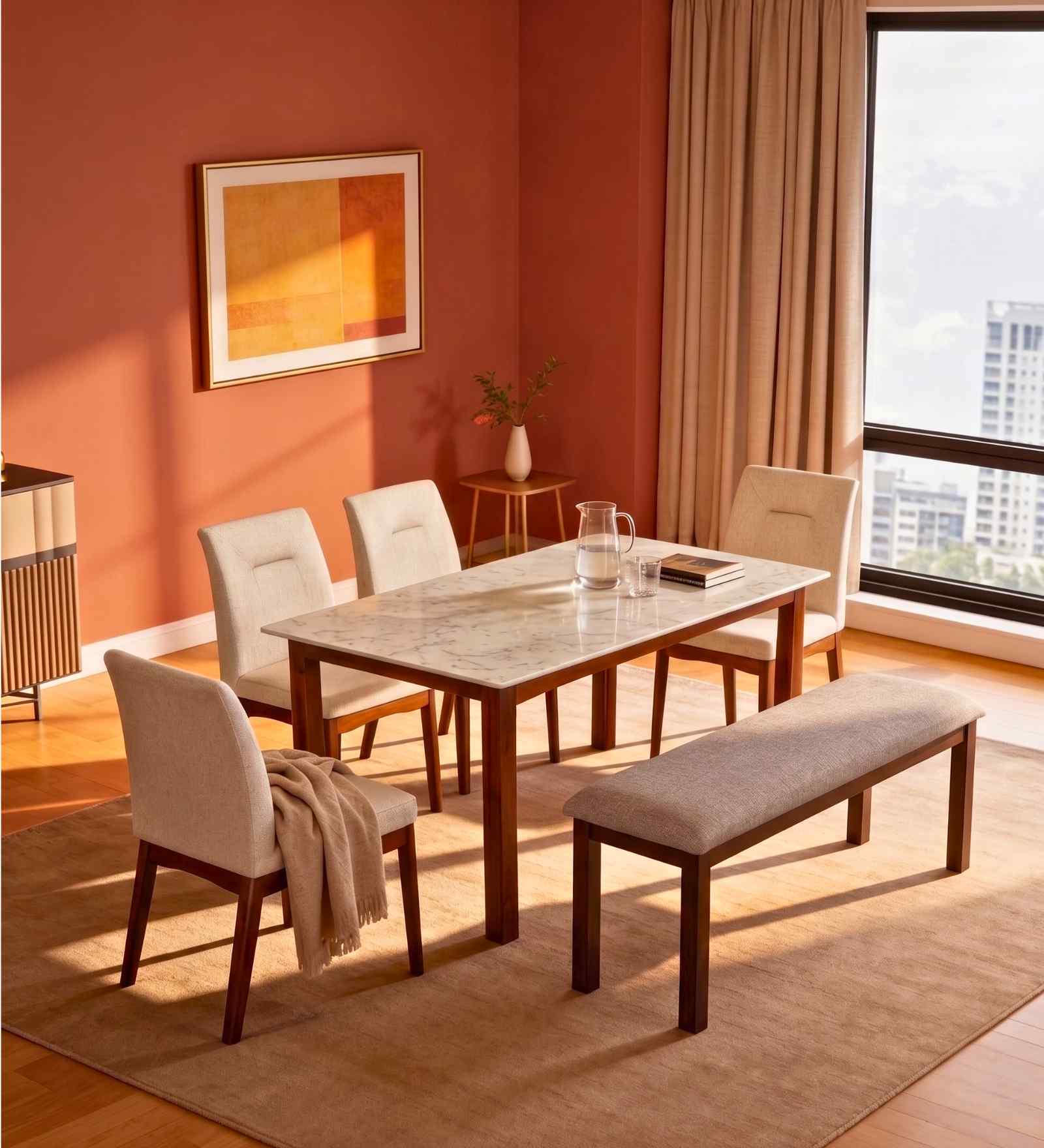 Stonita 6 Seater Solid Rubber Wood Dining Set In Marble Finish