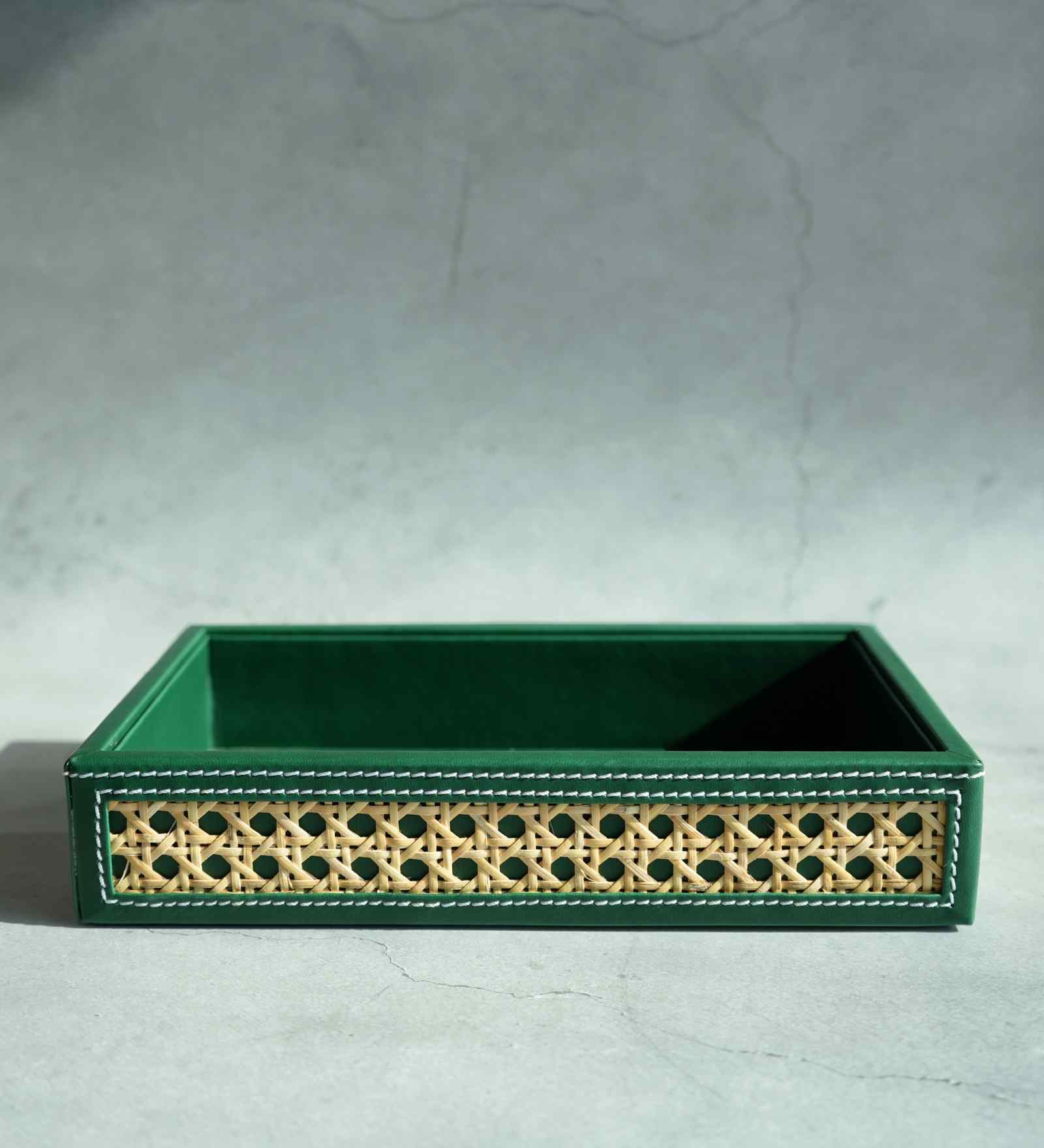 Emerald Green Small PU Leather and Natural Rattan Multipurpose Tray