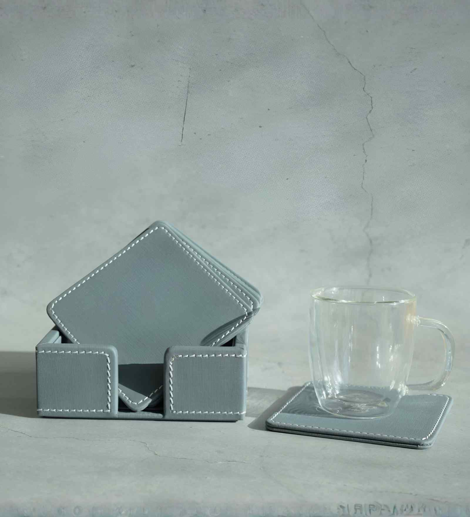 Powder Blue PU Leather Coaster Set of 6 Durable Tabletop Drink Coasters