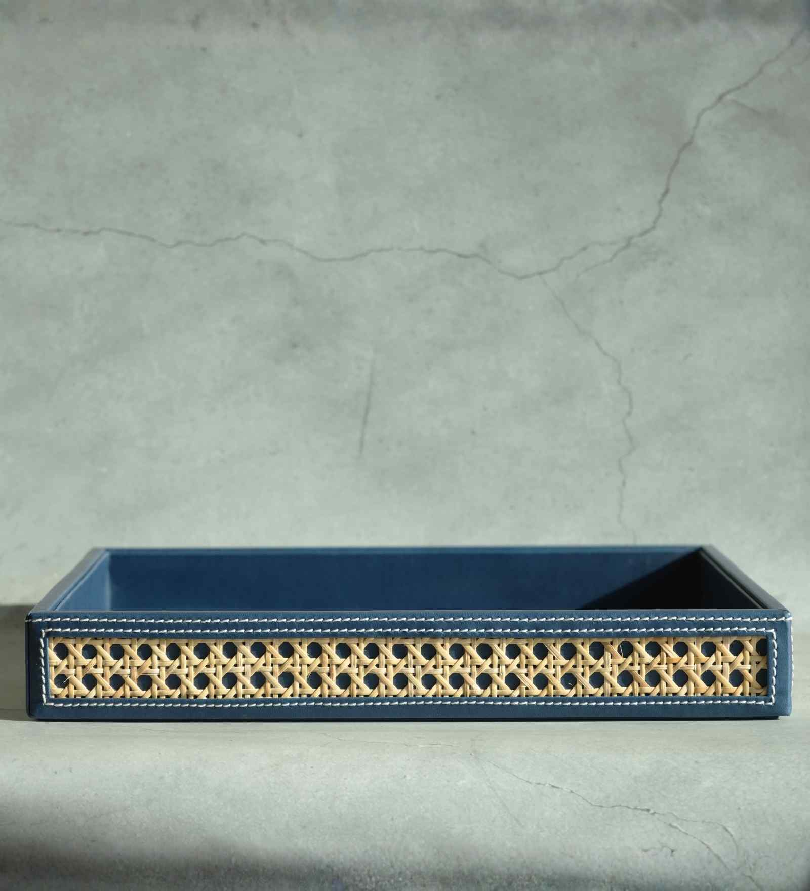 Steel Blue Large PU Leather and Natural Rattan Multipurpose Tray