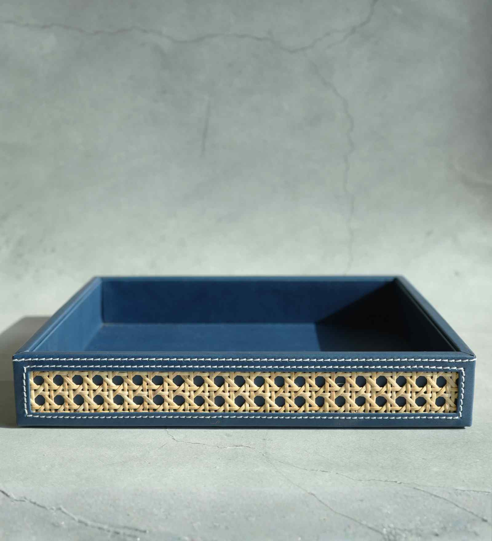 Steel Blue Medium PU Leather and Natural Rattan Multipurpose Tray