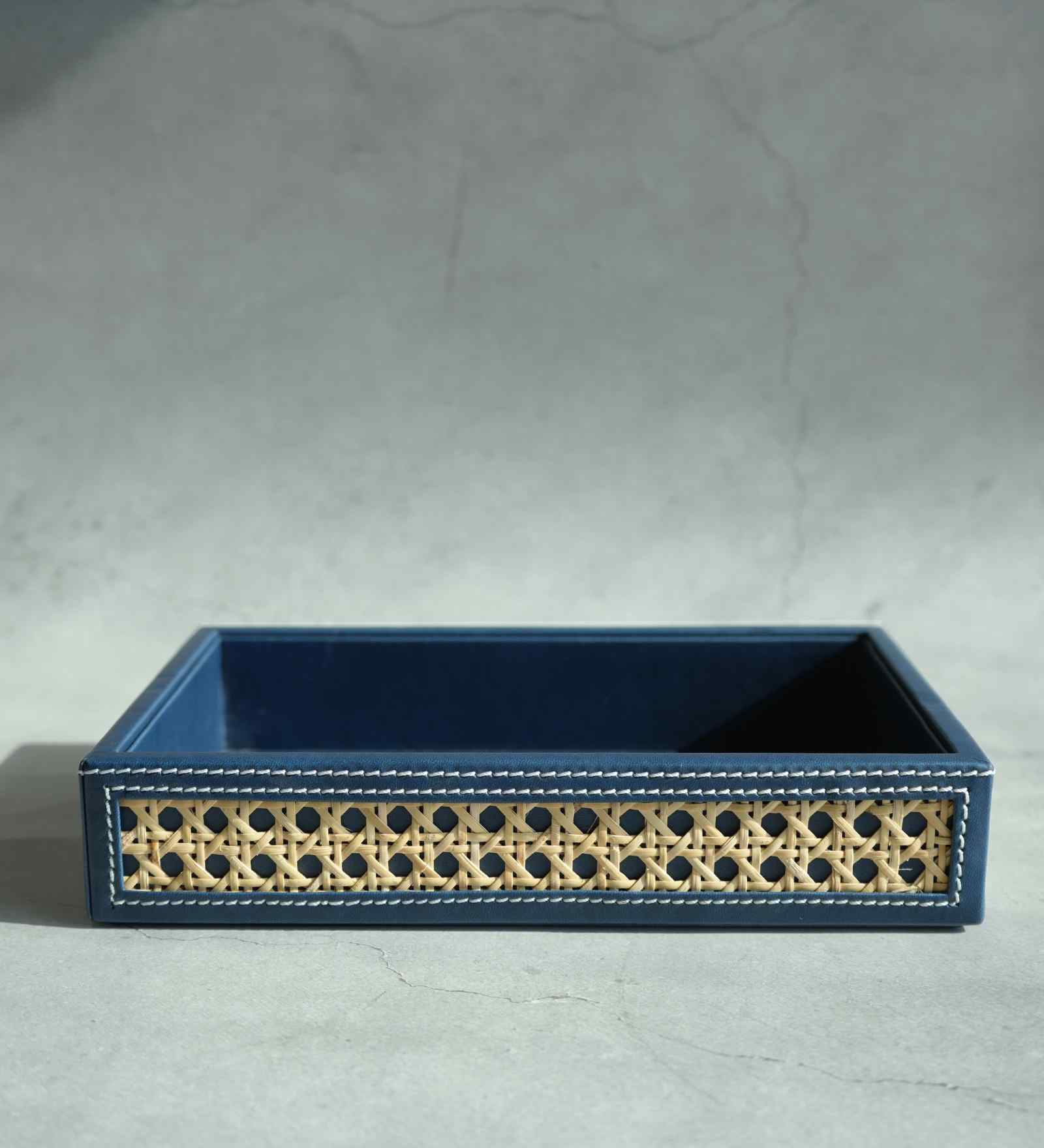 Steel Blue Small PU Leather and Natural Rattan Multipurpose Tray