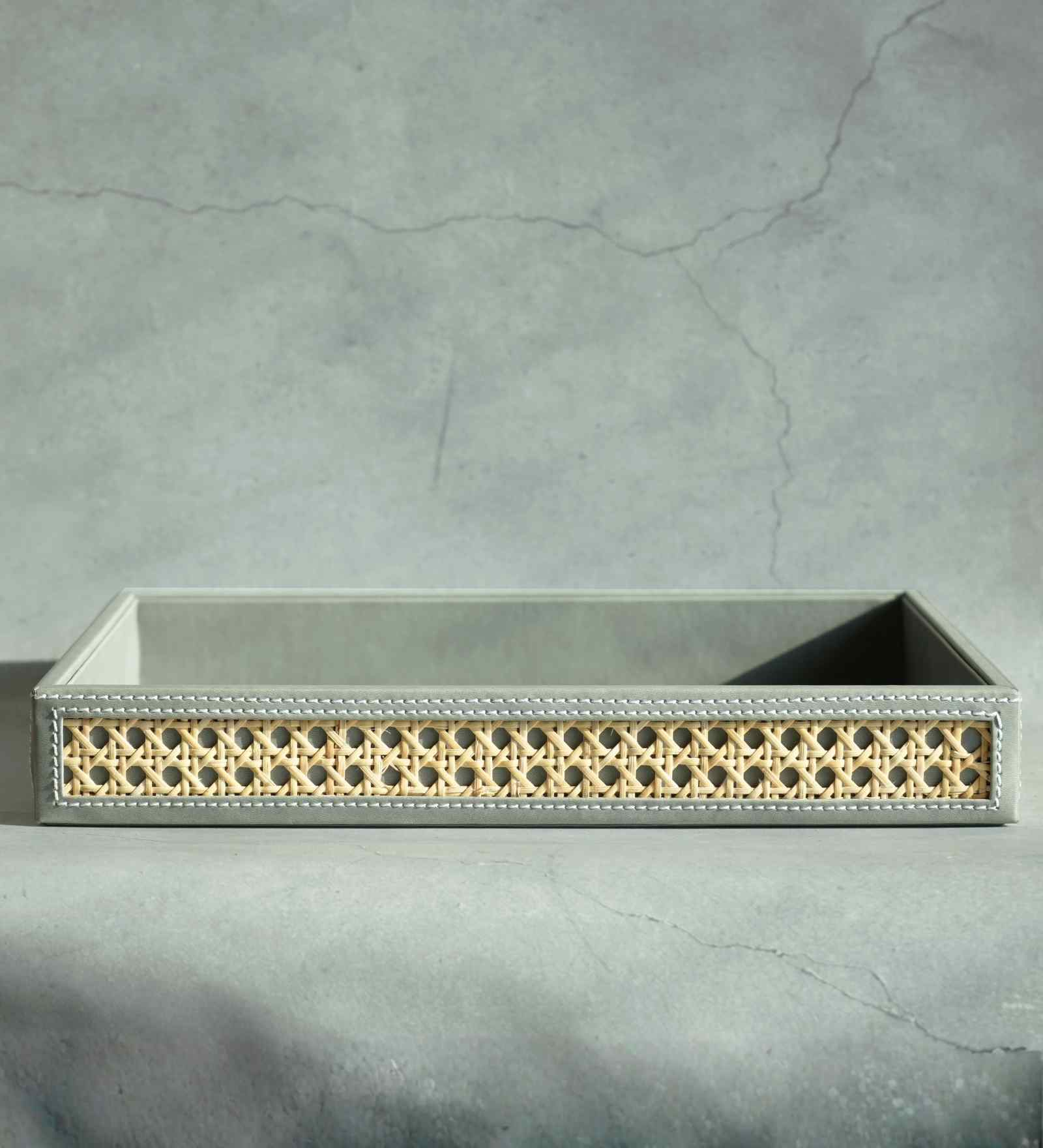 Stone Gray Large PU Leather and Natural Rattan Multipurpose Tray
