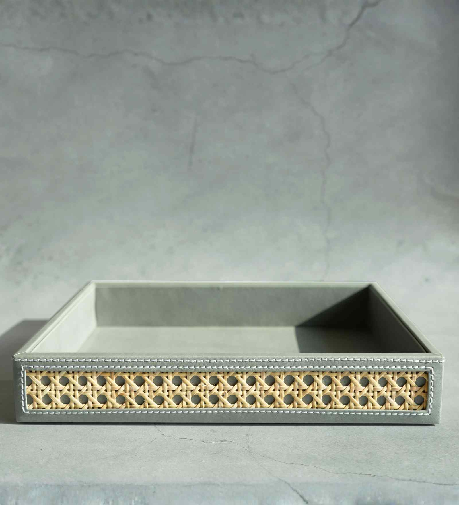 Stone Gray Medium PU Leather and Natural Rattan Multipurpose Tray