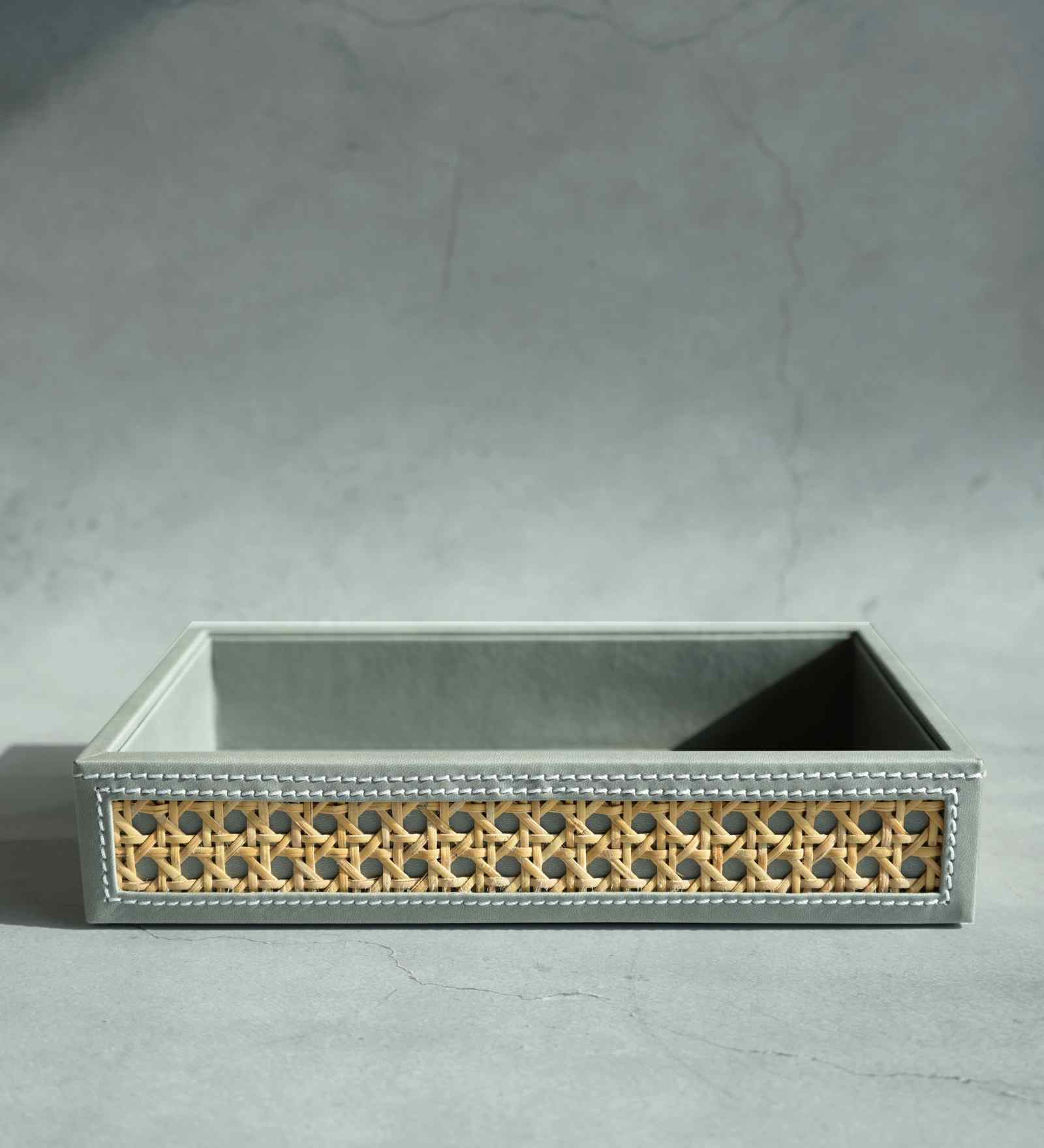 Stone Gray Small PU Leather and Natural Rattan Multipurpose Tray